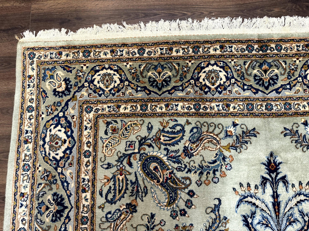 Light Green and Blue Persian Kashan Rug 7x10, Authentic Persian Carpet, Handmade, Wool