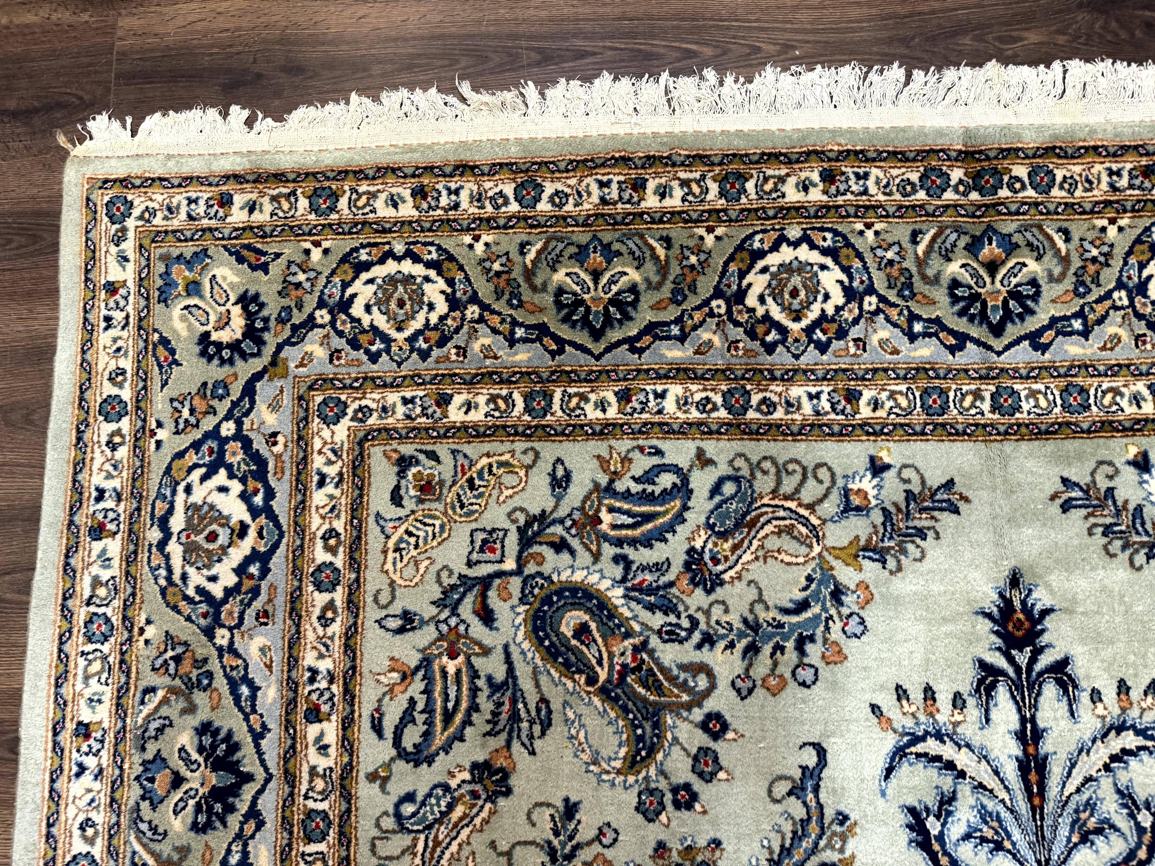 Light Green and Blue Persian Kashan Rug 7x10, Authentic Persian Carpet, Handmade, Wool