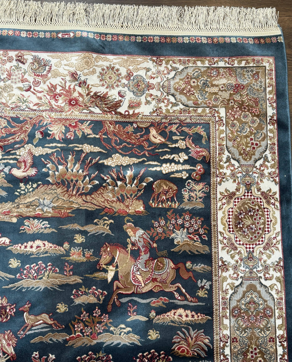 Turkish Silk Hunting Design Rug 4x6, Dark Steel Blue & Ivory, Bamboo Silk, New