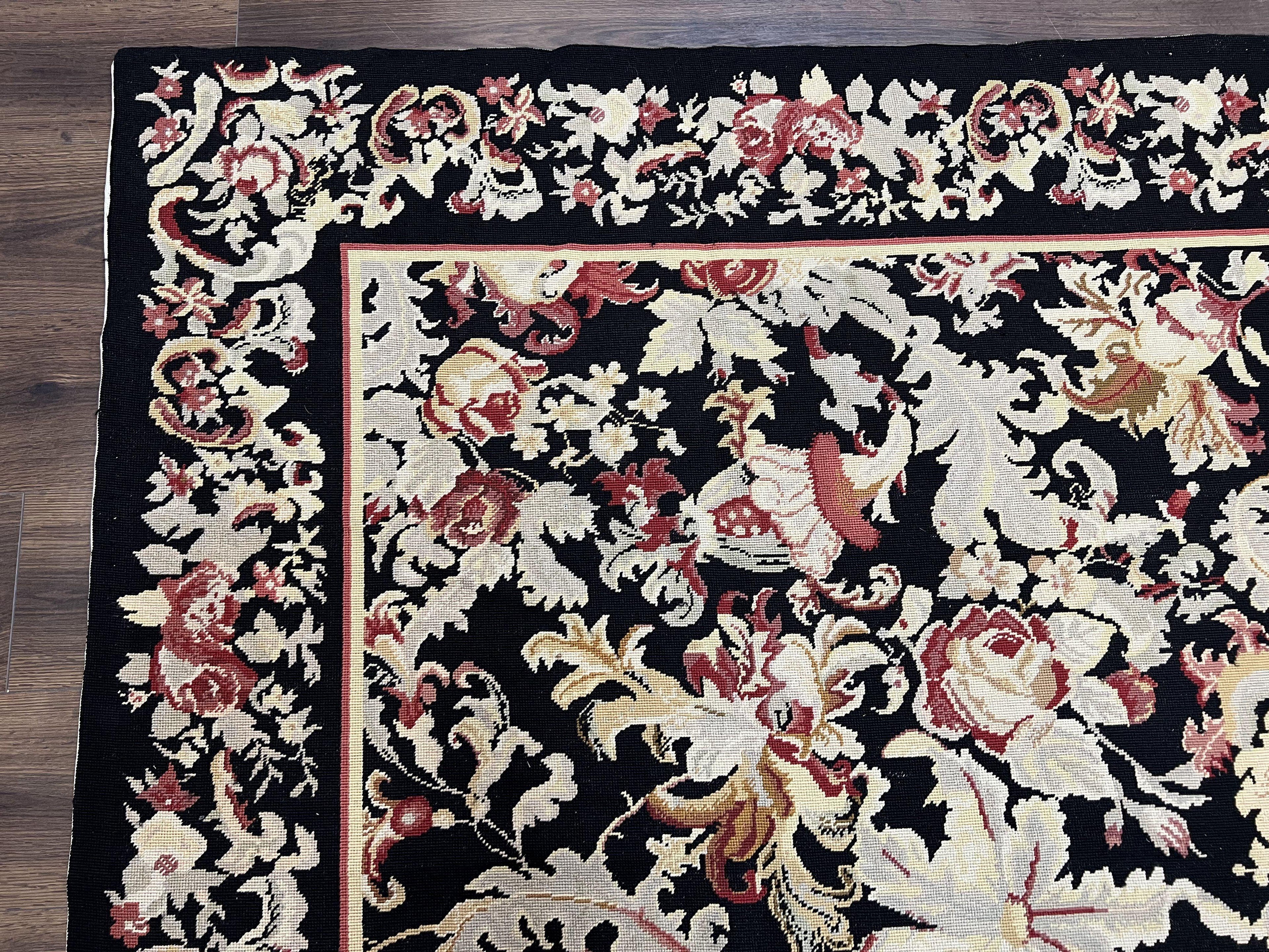 Wool Needlepoint Rug 9x12, William Morris Vintage Chinese Needlepoint Carpet 9 x 12, Handwoven, Allover Floral Area Rug, Black Light Green