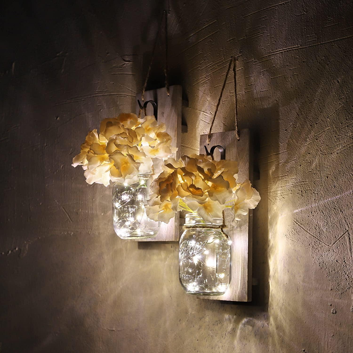 2 Pack Rustic  Jar Fairy Strip Lights Wall Decor Hydrangea Sconces Decorative Home Chic Hanging LED FlowersHanging Design with Remote Control LED Fairy Lights and White Peony, Farmhouse Kitchen Decorations Wall Home Decor Living Room Lights Set of Two