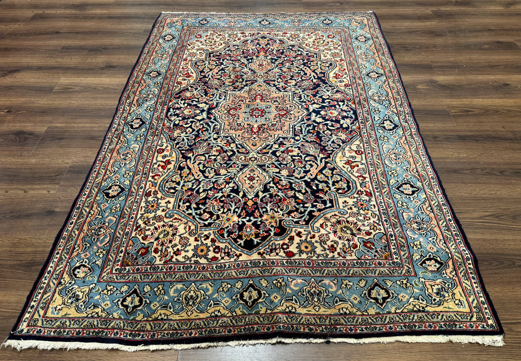 Persian Qum Rug 5x7 in Navy Light Blue and Ivory, Wool wilh Silk Highlights, 225 KPSI