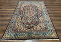 Persian Qum Rug 5x7 in Navy Light Blue and Ivory, Wool wilh Silk Highlights, 225 KPSI