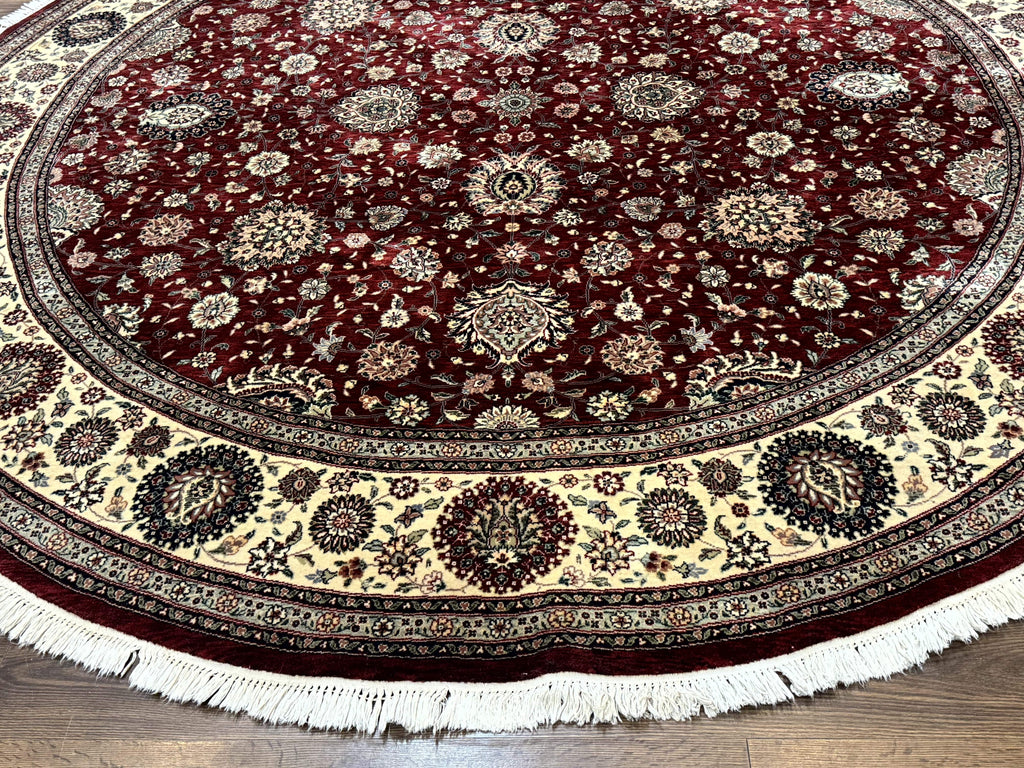 Round Sino Persian Rug 9x9, Burgundy and Cream, Floral, Wool and Silk, 9ft Round Carpet