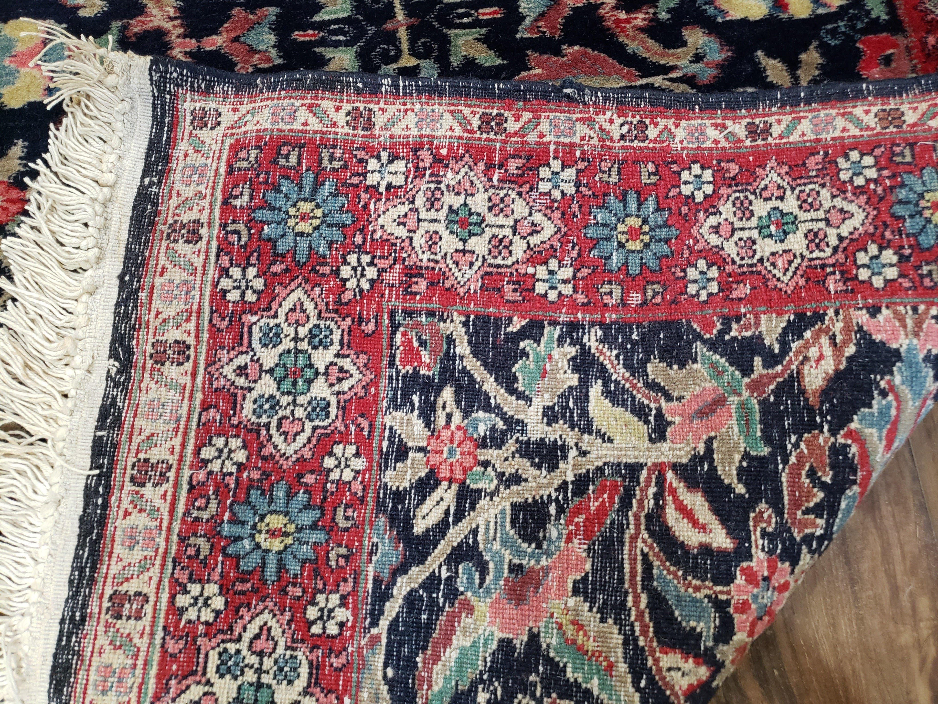 Antique Persian Sarouk Rug 3x5, Navy Blue, Allover Pattern, Hand Knotted