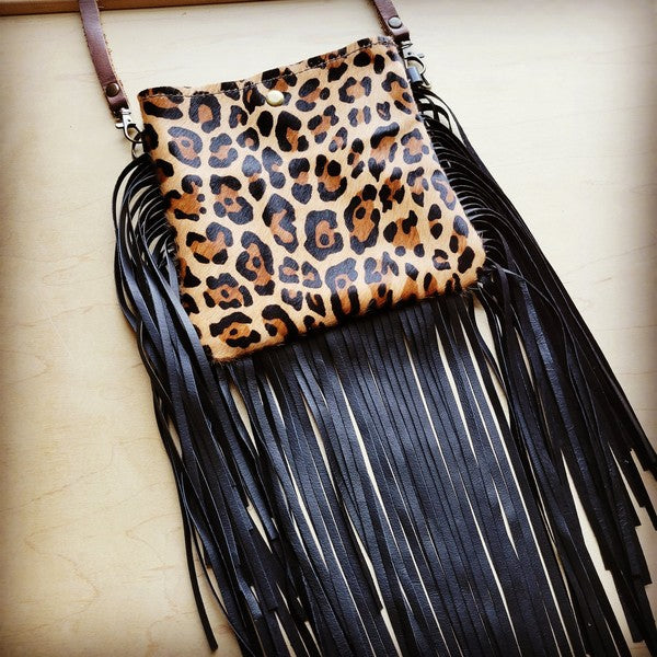 Small Crossbody Handbag w/ Leopard Hide & Fringe