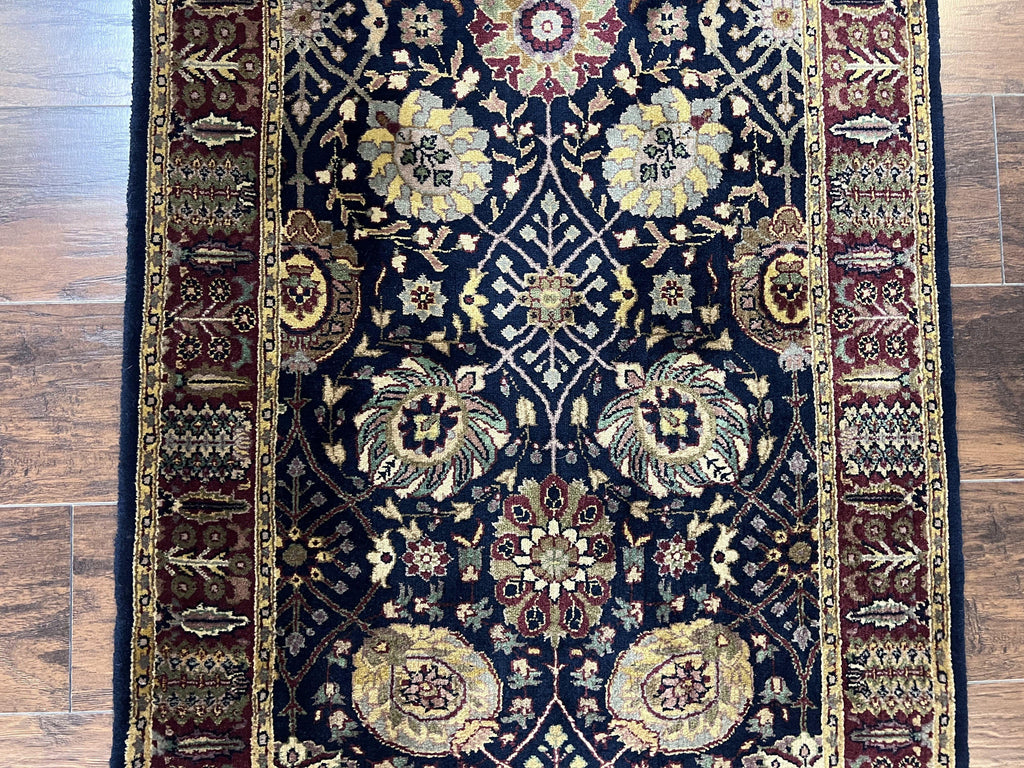 Indo Persian Runner 2.8 x 18, Long Skinny Hallway Wool Runner Rug, Hand Knotted Vintage Floral Allover Traditional Runner Dark Blue Burgundy