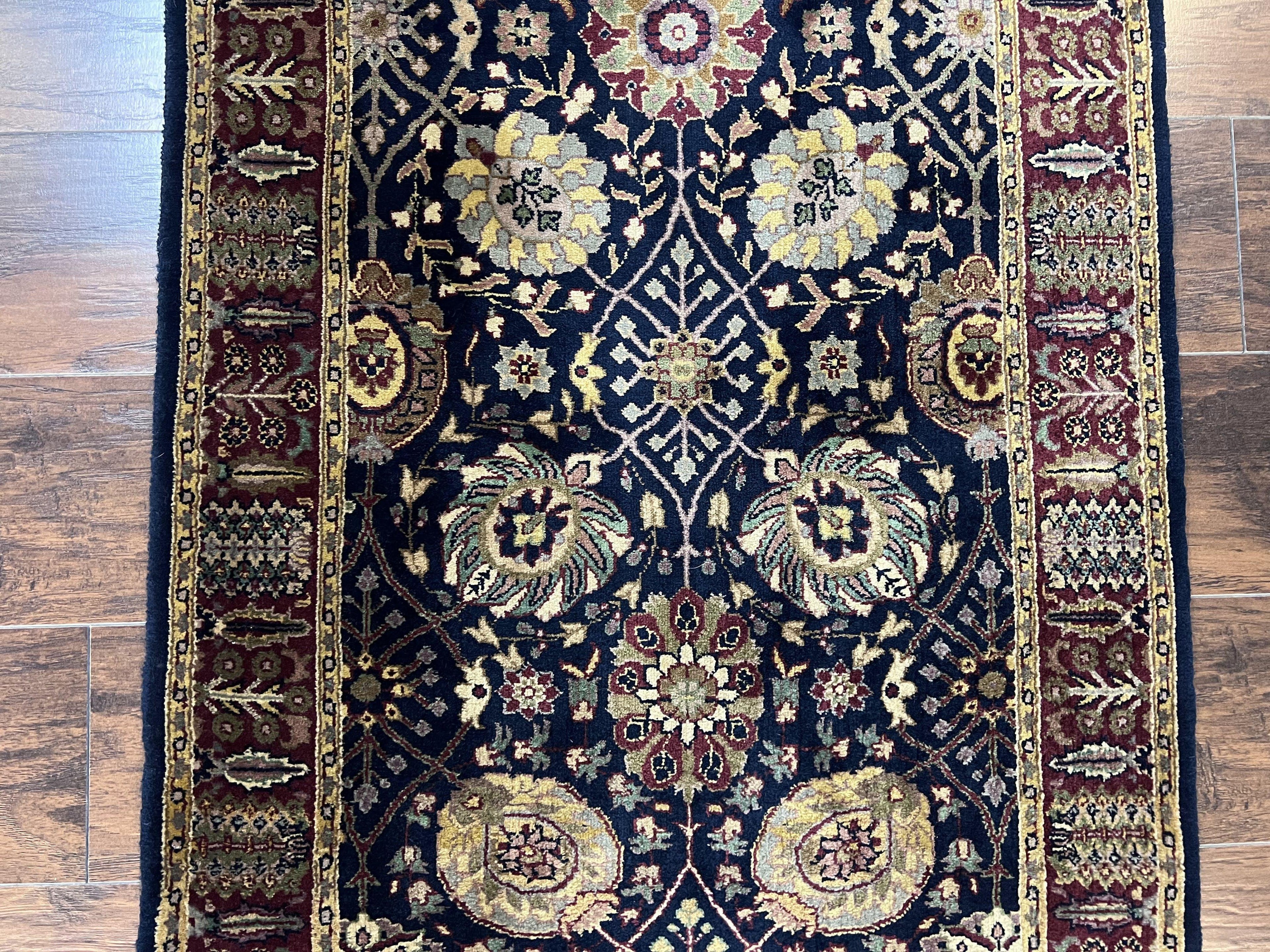 Indo Persian Runner 2.8 x 18, Long Skinny Hallway Wool Runner Rug, Hand Knotted Vintage Floral Allover Traditional Runner Dark Blue Burgundy