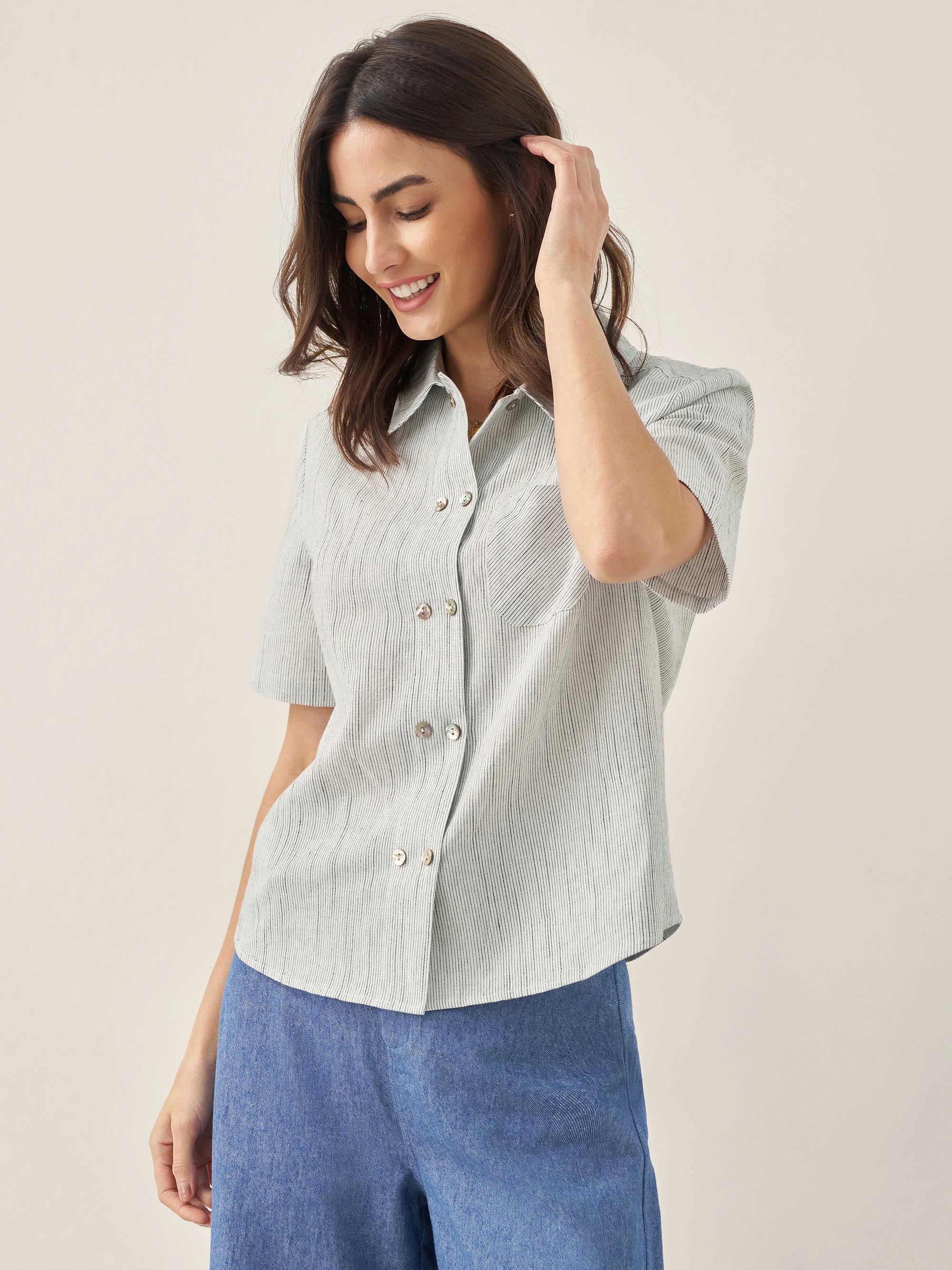 Linen Double-Breasted Artistic Stripe Shirt JUNO