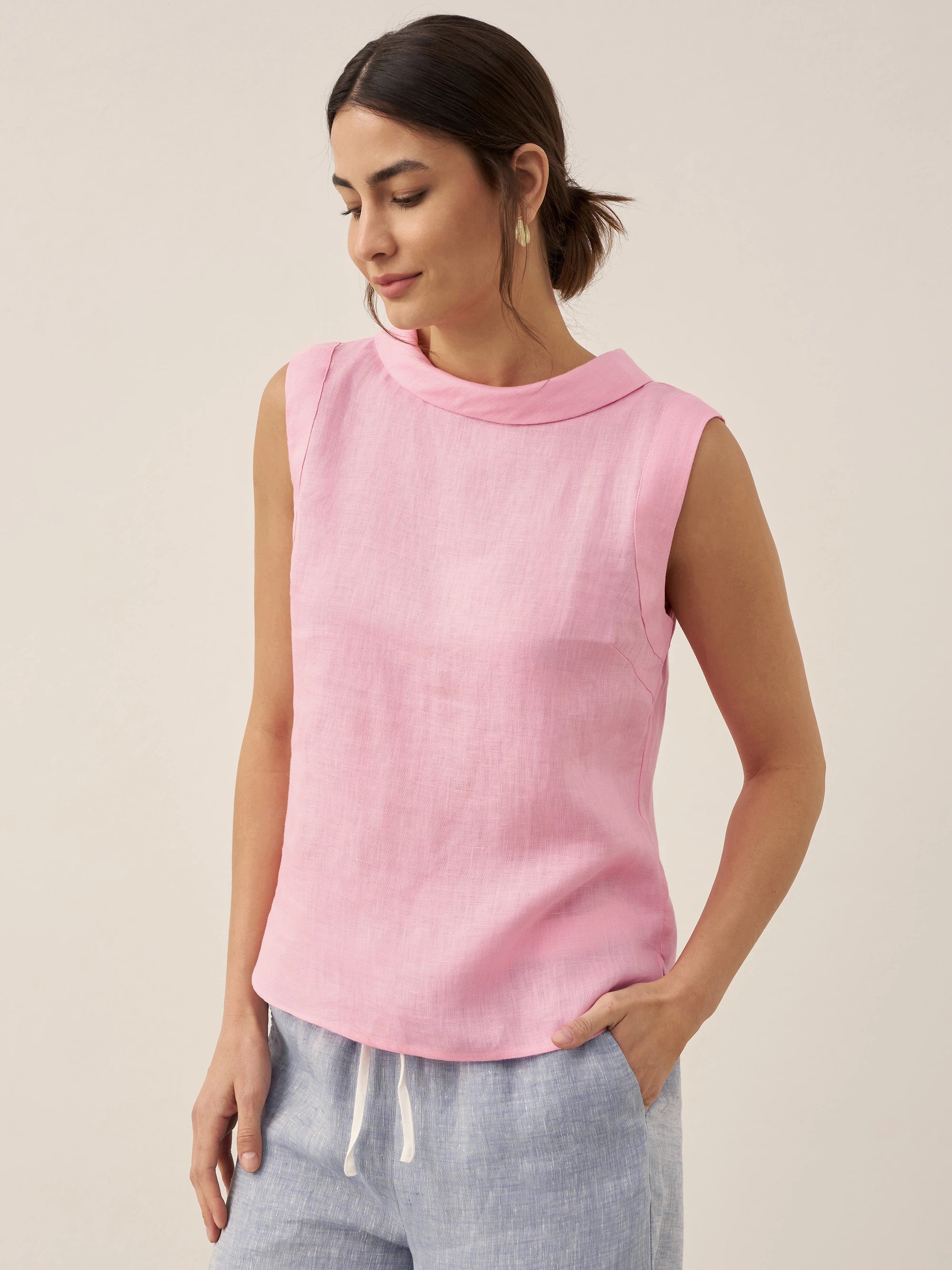 100% Linen Draped Collar Tank Top JACQUELINE