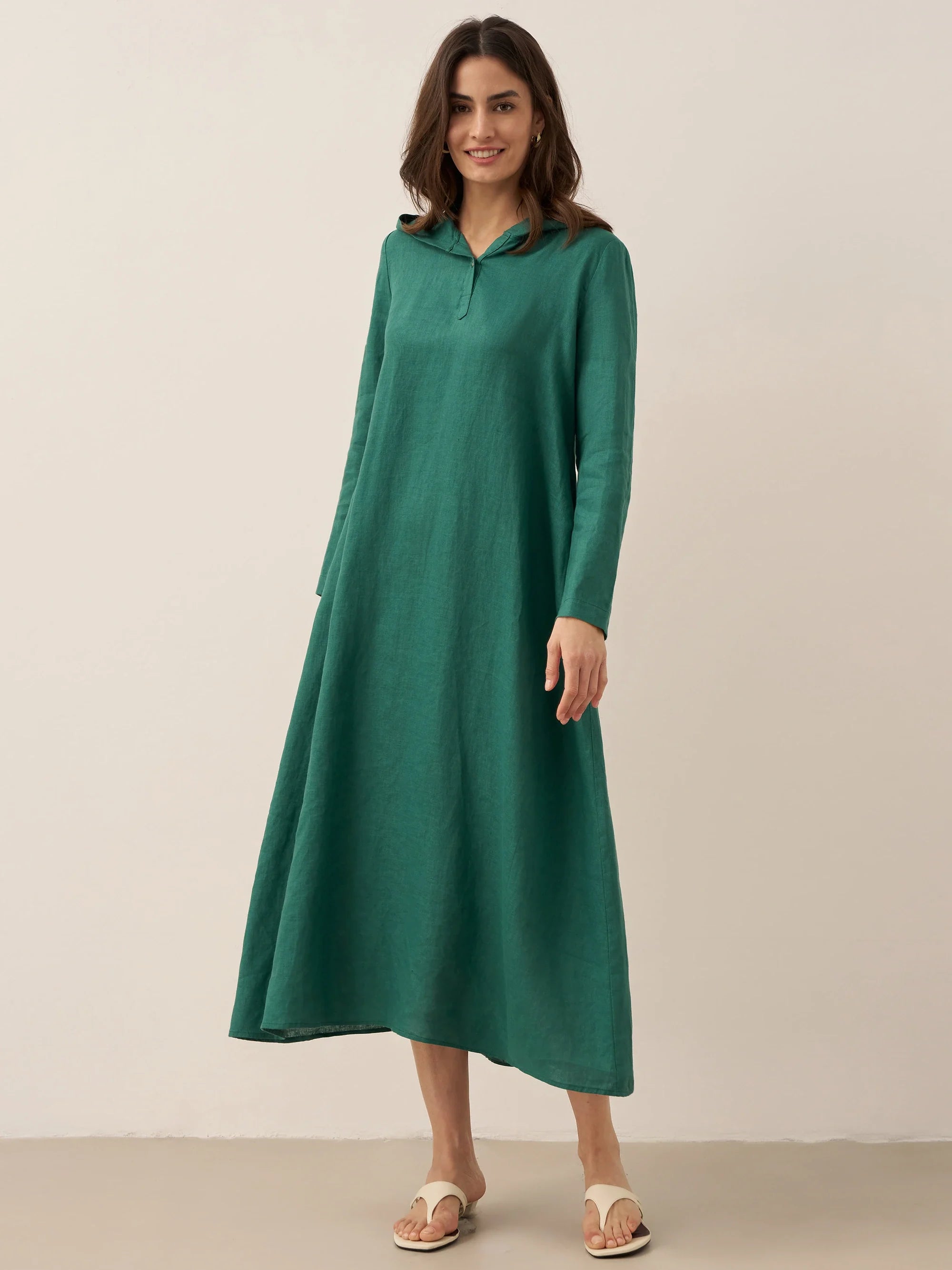 100% Linen Hooded Pullover Maxi Dress REBECCA