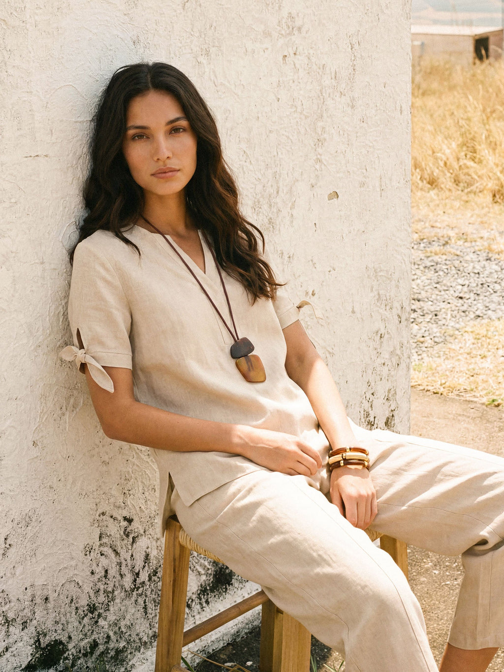 100% Linen Tie Cuff Notched V-Neck Top LORAN