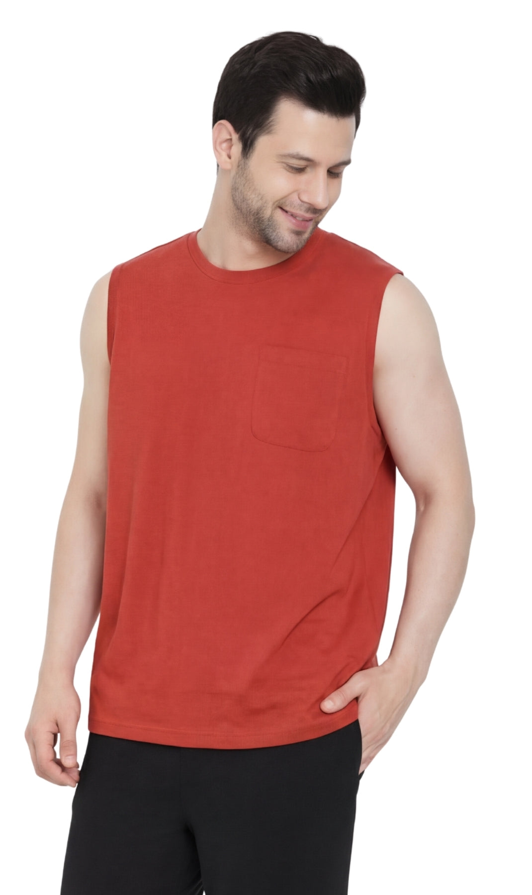 Men’s Sleeveless Crew Neck T-Shirt – Regular Fit, Heavier Cotton Blend Jersey with Chest Pocket