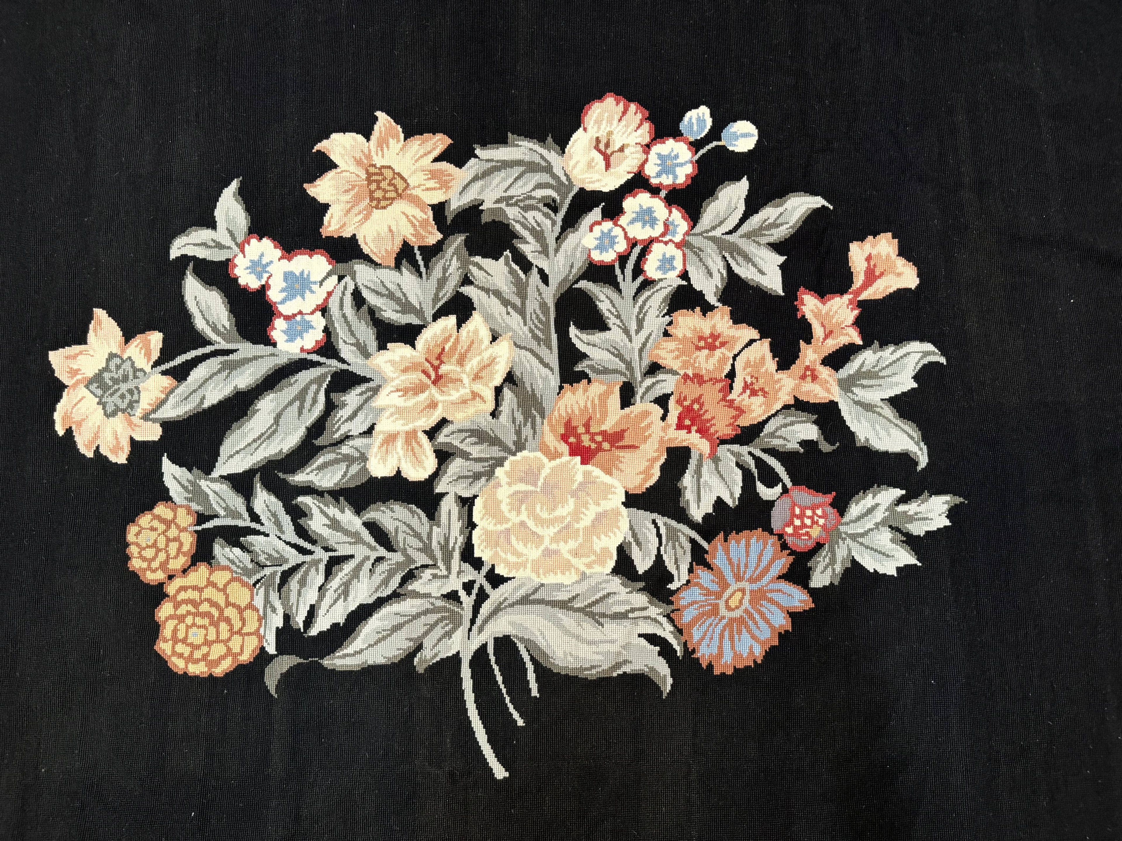Black Needlepoint Rug 8x11 with Multicolor Flowers, Vintage Carpet