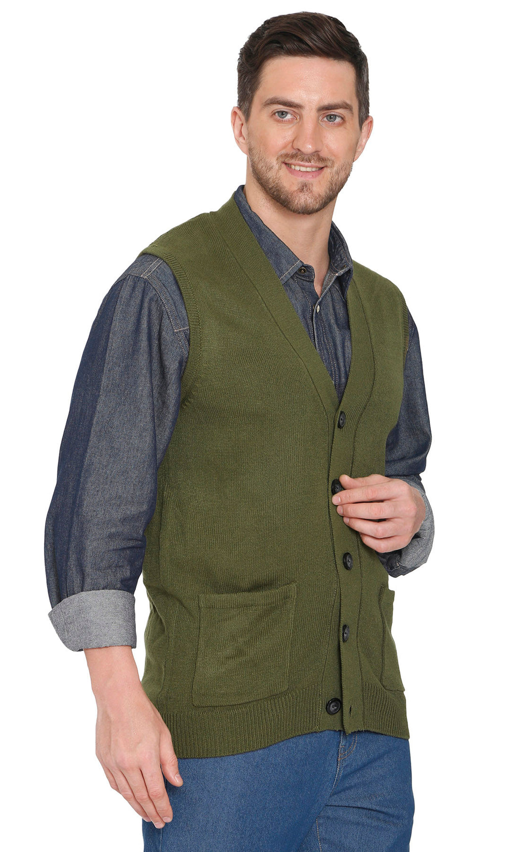 Men's Cashmere-Like Button Front Flat Knit Sweater Vest with front patch pockets