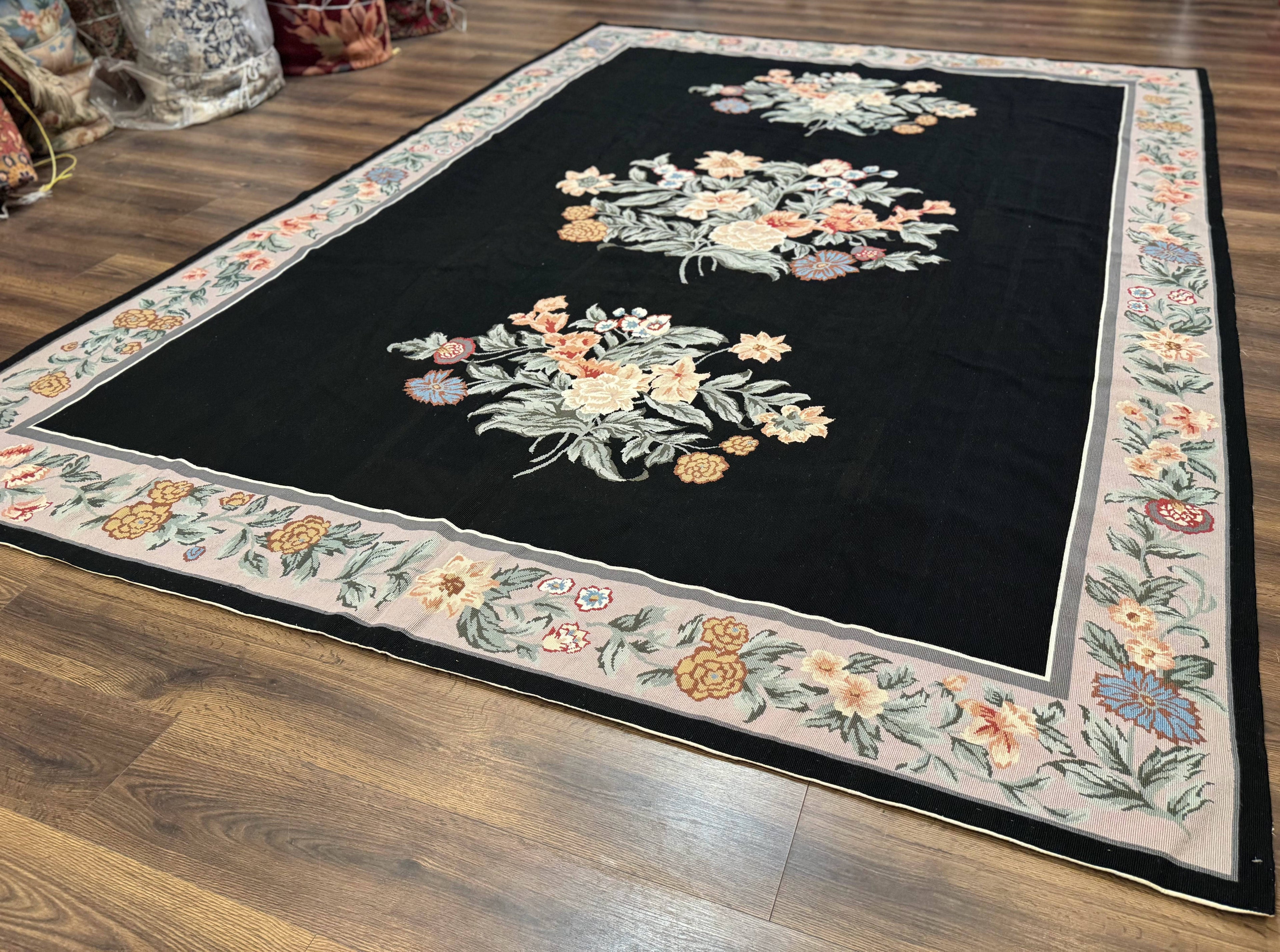 Black Needlepoint Rug 8x11 with Multicolor Flowers, Vintage Carpet