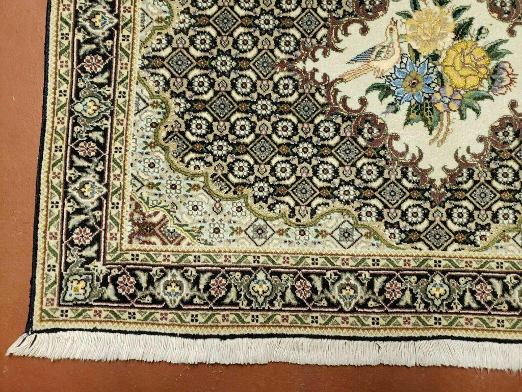 Small Persian Rug 2.4 x 3, Birds and Flowers, Finely Hand Knotted