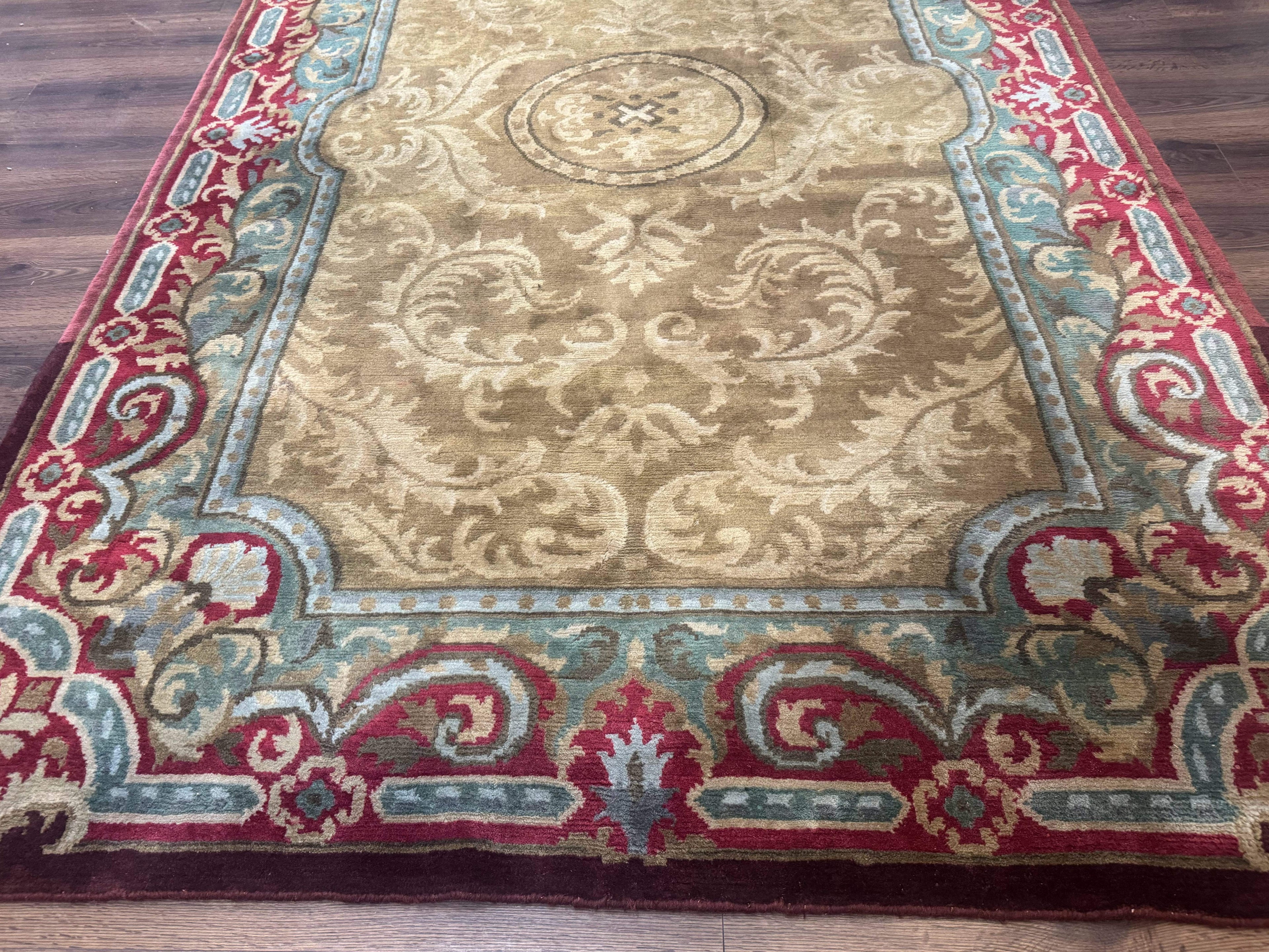 Tibetan Aubusson Rug 6x9, Gold-Beige, Soft Wool Pile, Handmade