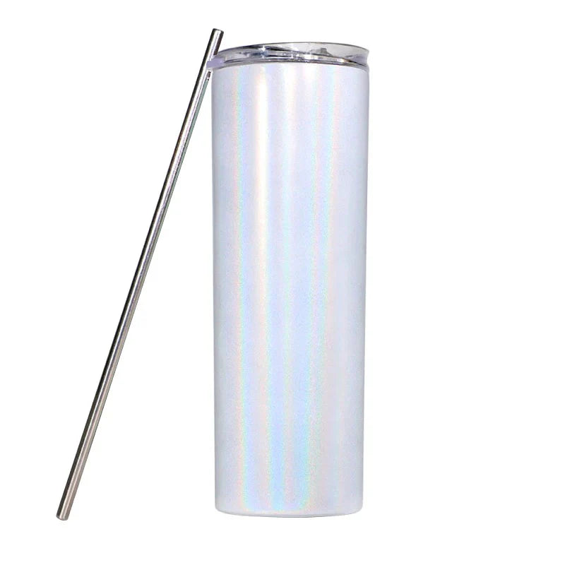 20oz Straight Skinny Blank White Stainless Glitter Tumbler Sparkle Bling Sublimation Tumbler W/Straw & lid