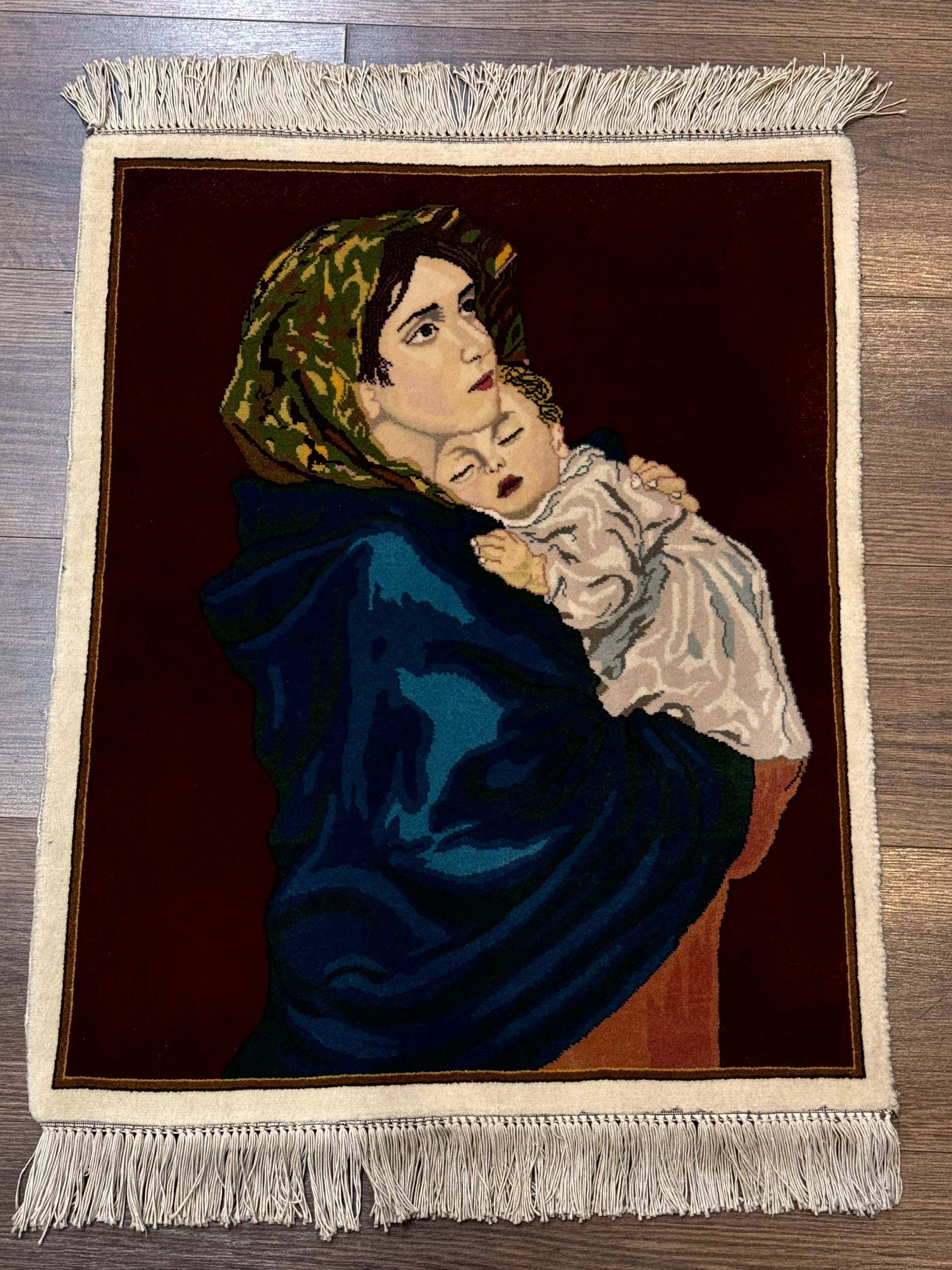 Small Persian Tabriz Pictorial Rug 2x2, Mother Holding Child, Very Fine 340 KPSI, Maroon