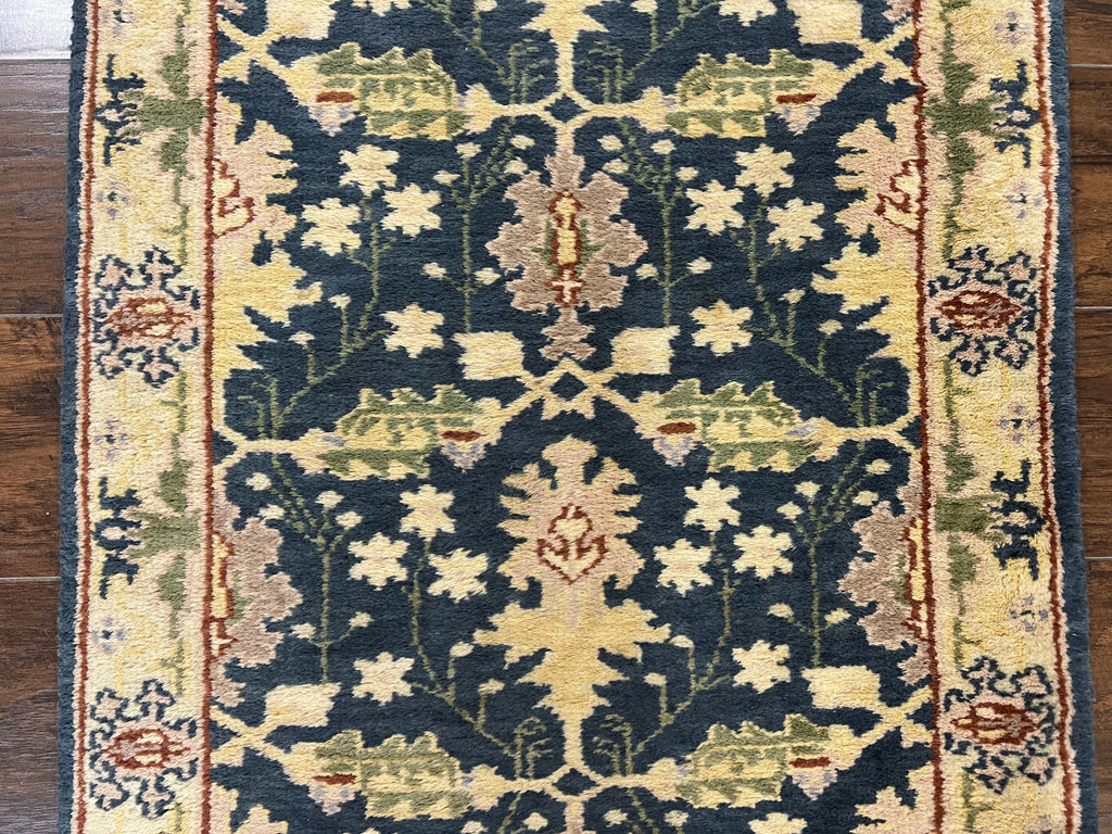 Indian Runner Rug 2.6 x 12, Navy Blue Beige Oriental Runner Rug 12ft Long, Narrow Hallway Runner, Wool Hand Knotted Indo Persian Mahal Rug