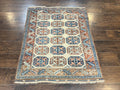 Turkish Kazak Rug 3x4, Wool Hand Knotted Handmade Vintage Carpet, Geometric Tribal Repeated Motif, Small 3 x 4 Antique Rug, Cream Red