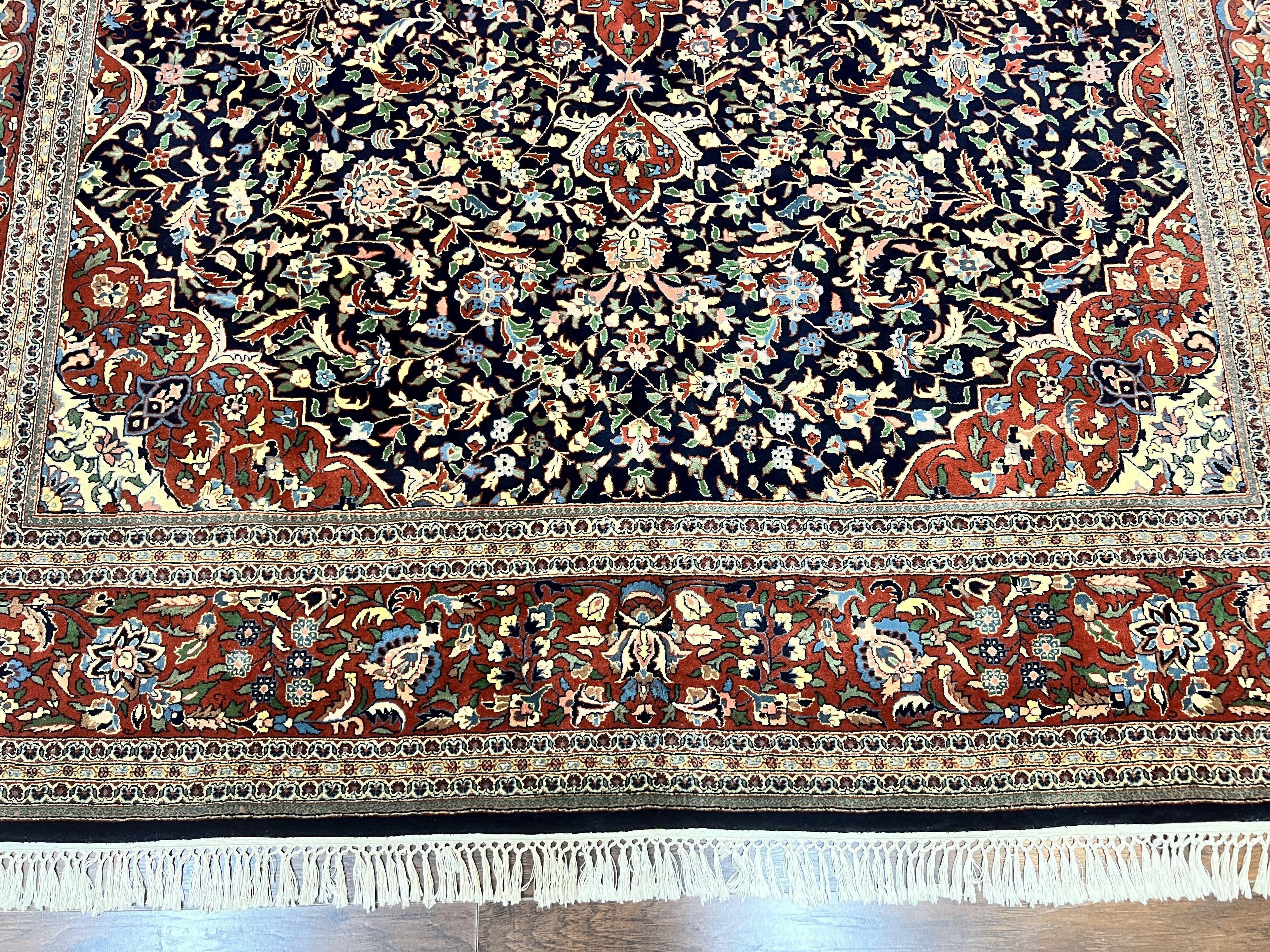 Indo Persian Rug 8x10, Floral Medallion, Vintage Handmade Wool Carpet, Navy Blue and Red, Fine 300 KPSI