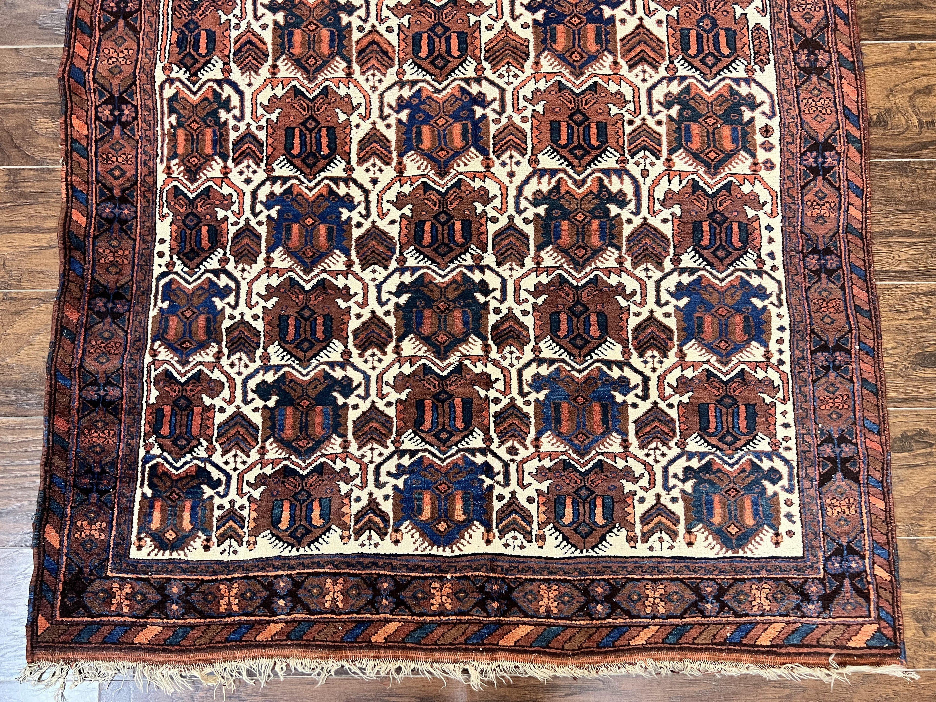 Persian Afshar Rug 4x5, Repeated Motif, Ivory & Burgundy, Wool Tribal Oriental Carpet, Handmade Vintage Semi Antique Medium Sized Rug