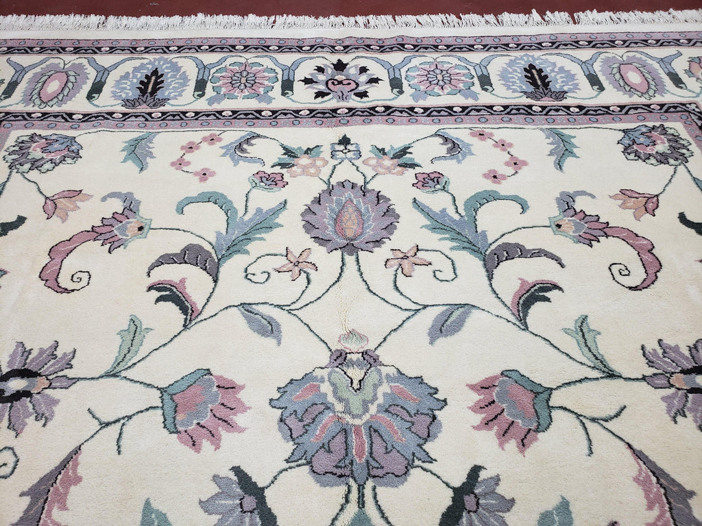 Ivory & Teal Indo Persian Area Rug 9x12, Wool Hand-Knotted Oriental Carpet, 9 x 12 Soft Traditional Living Room Rug, Dining Room Rug