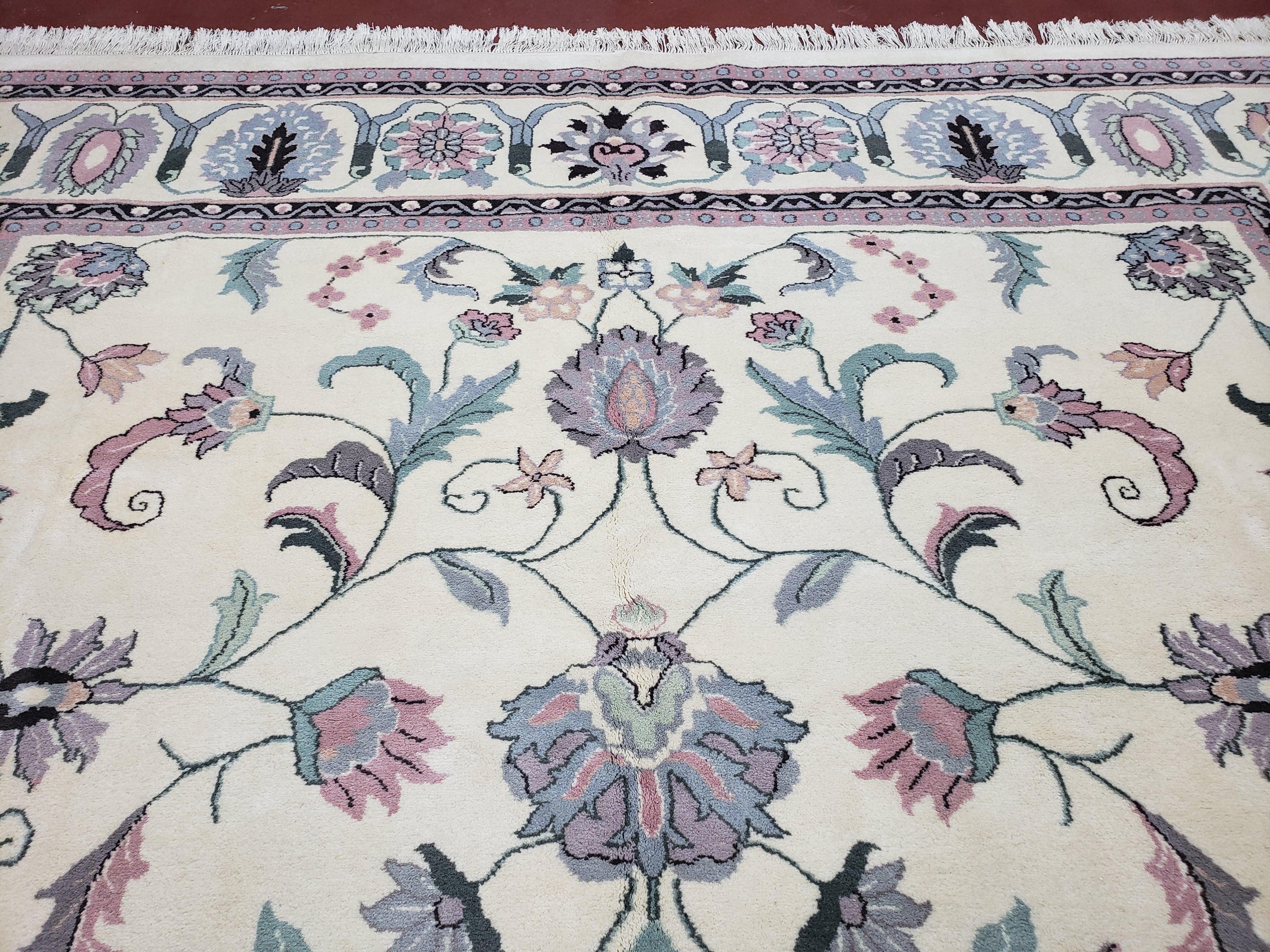 Ivory & Teal Indo Persian Area Rug 9x12, Wool Hand-Knotted Oriental Carpet, 9 x 12 Soft Traditional Living Room Rug, Dining Room Rug