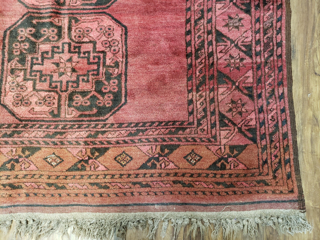 Antique Bukhara Area Rug, Vintage Afghan Bokhara Bashir Rug, 4x6 Hand-Knotted Oriental Carpet, Red & Black Wool Rug, 4' x 5'9