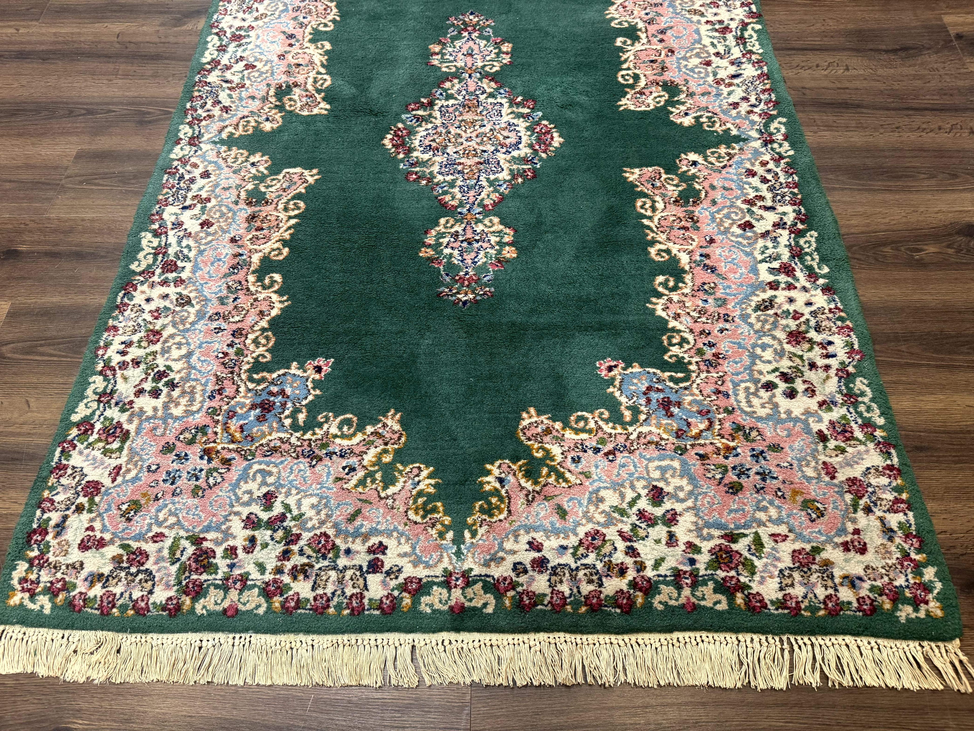 Persian Kerman Rug 4x6, Green Ivory Pink, Wool Vintage, Semi Open Field