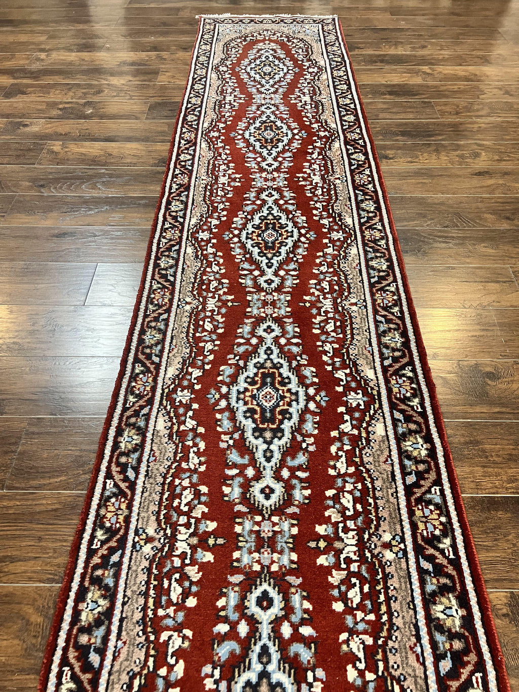 Indo Persian Runner Rug 2.8 x 14.8, Long Indo Kirman Hallway Rug, Red Floral Wool Vintage Handmade Oriental Runner