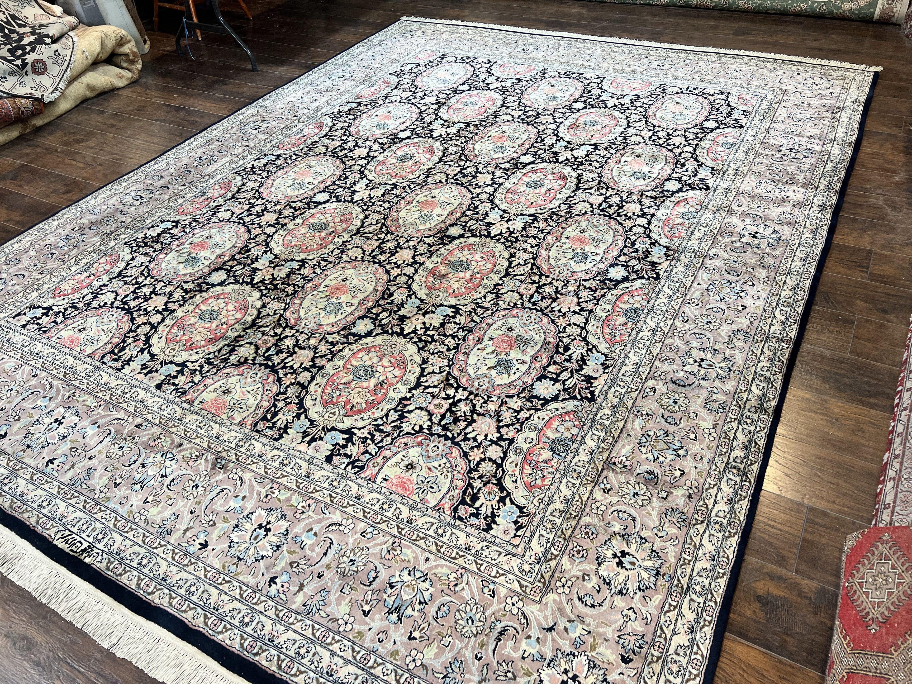 Sino Persian Rug 9x12, Navy Blue and Pink Hand Knotted Wool and Silk Highlights Vintage Oriental Carpet, Handmade Floral Area Rug 9 x 12 ft