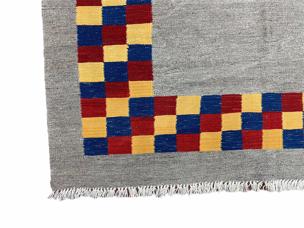 Gray Kilim Carpet, Yellow, Red, Blue Checkerboard Pattern, Flatweave, New, Geometric, Hand-Knotted, Wool, Turkish Area Rug, 5' 9" x 7' 9"