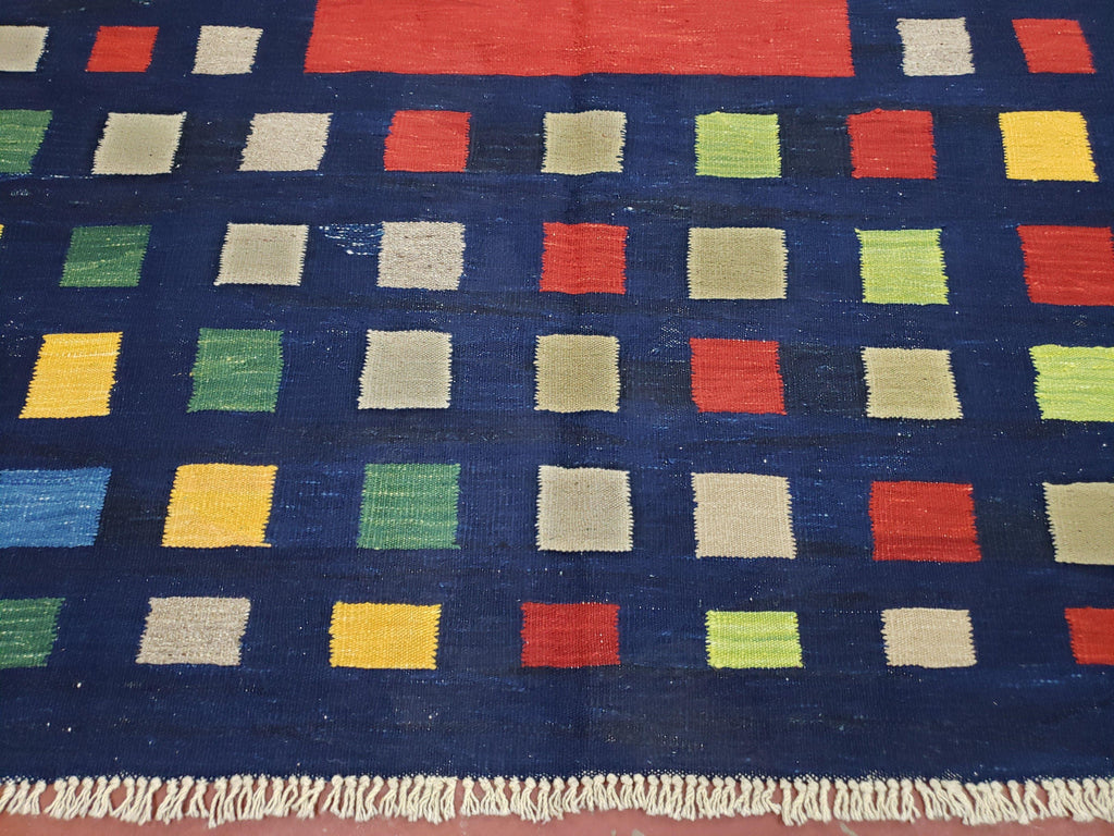 Turkish Kilim Rug 5x7 - 6x8, Checkerboard Kilim Carpet, Area Rug, New Playroom Rug, Colorful Multicolor Rug for Nursery Room, Dark Blue Red