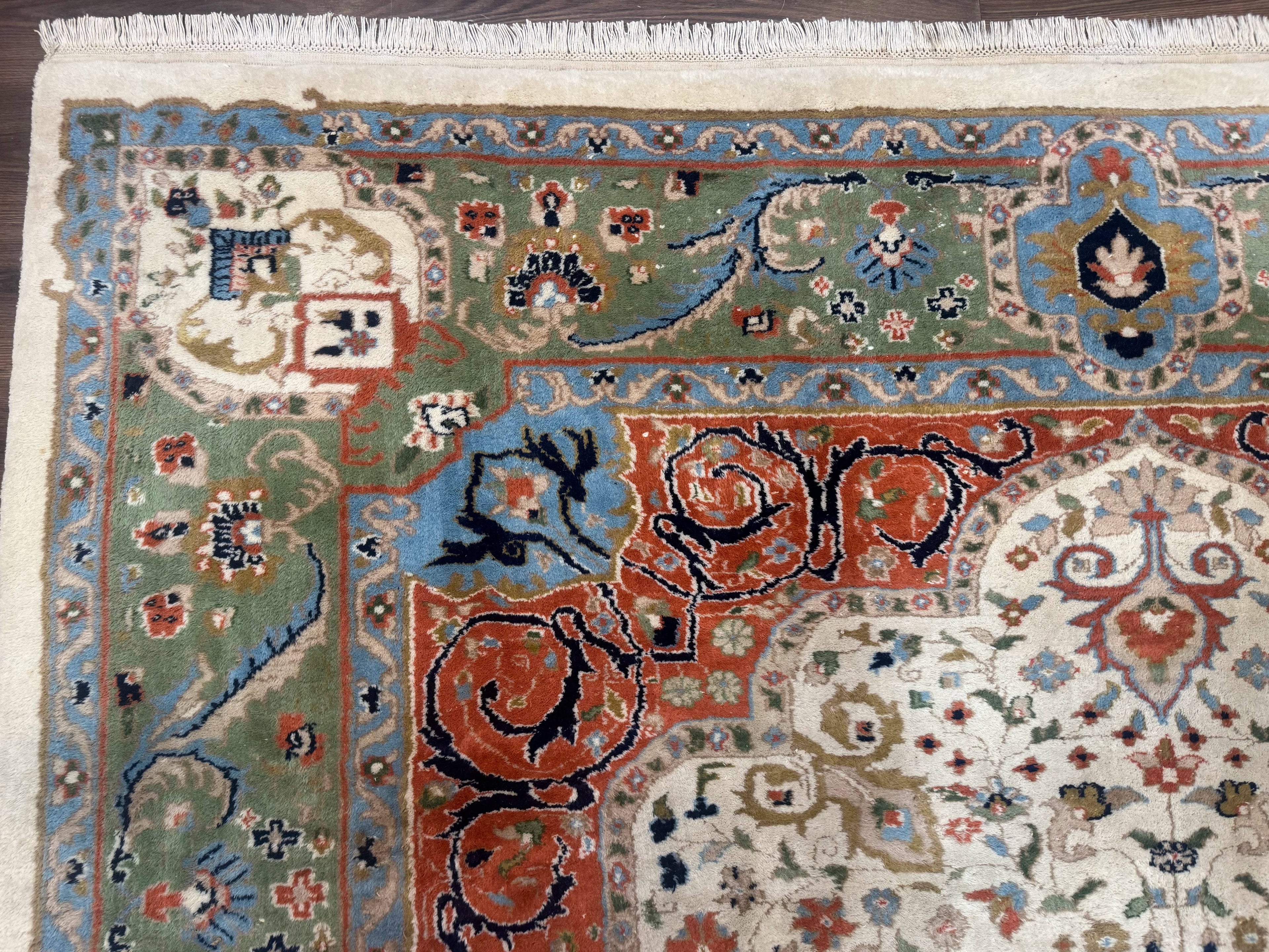 Indo Persian Rug 9x12, Ivory Red Green, Traditional Oriental Carpet