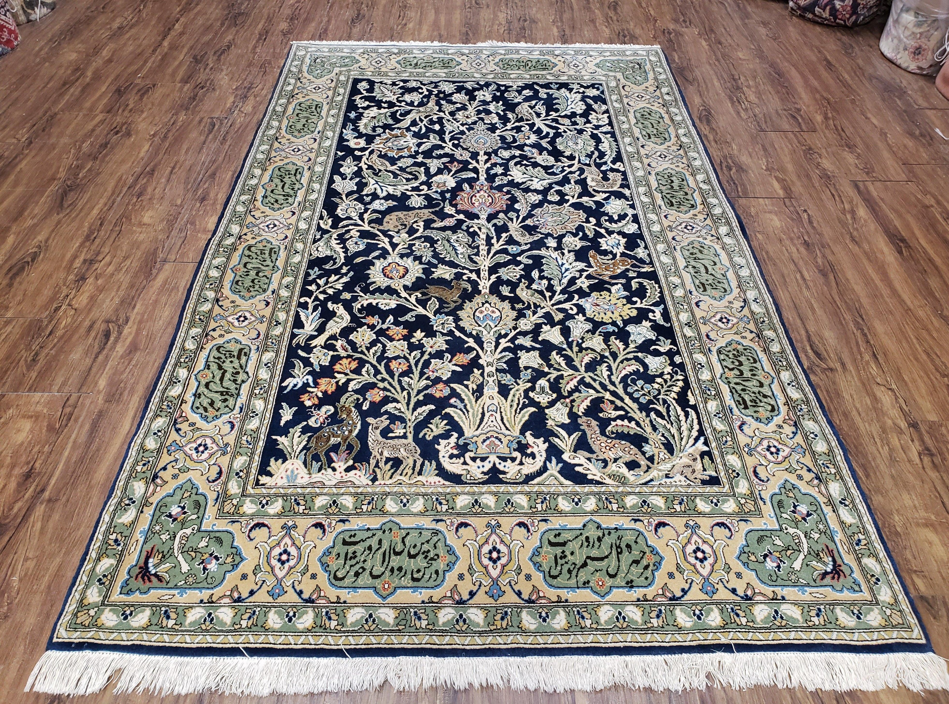 Semi Antique Persian Qum Tree of Life Rug, Hand-Knotted, Wool, Midnight Blue and Tan, Animal Pictorials, Written Poem in Borders, 4' 8" x 7' 8"