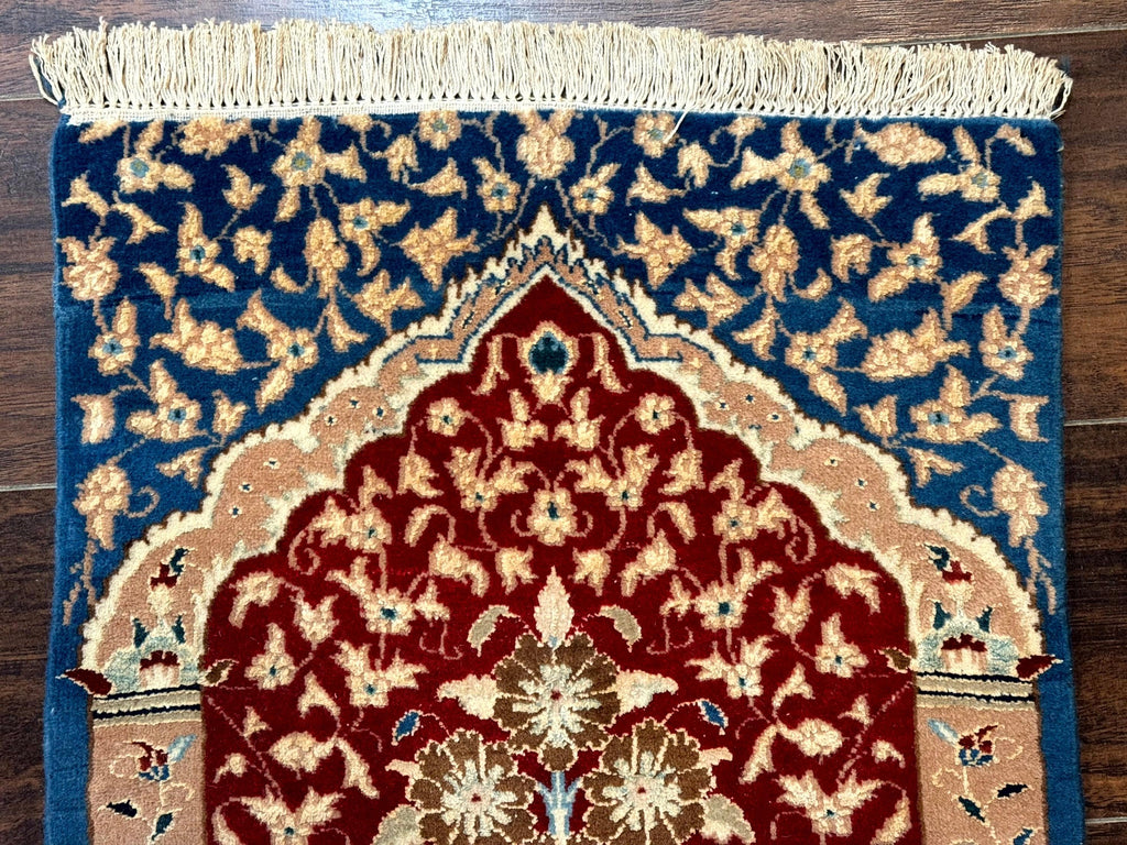 Small Persian Nain Rug, Persian Vase Tree of Life Design, Red and Blue, Very Fine 260 KPSI, Wool and Silk Highlights