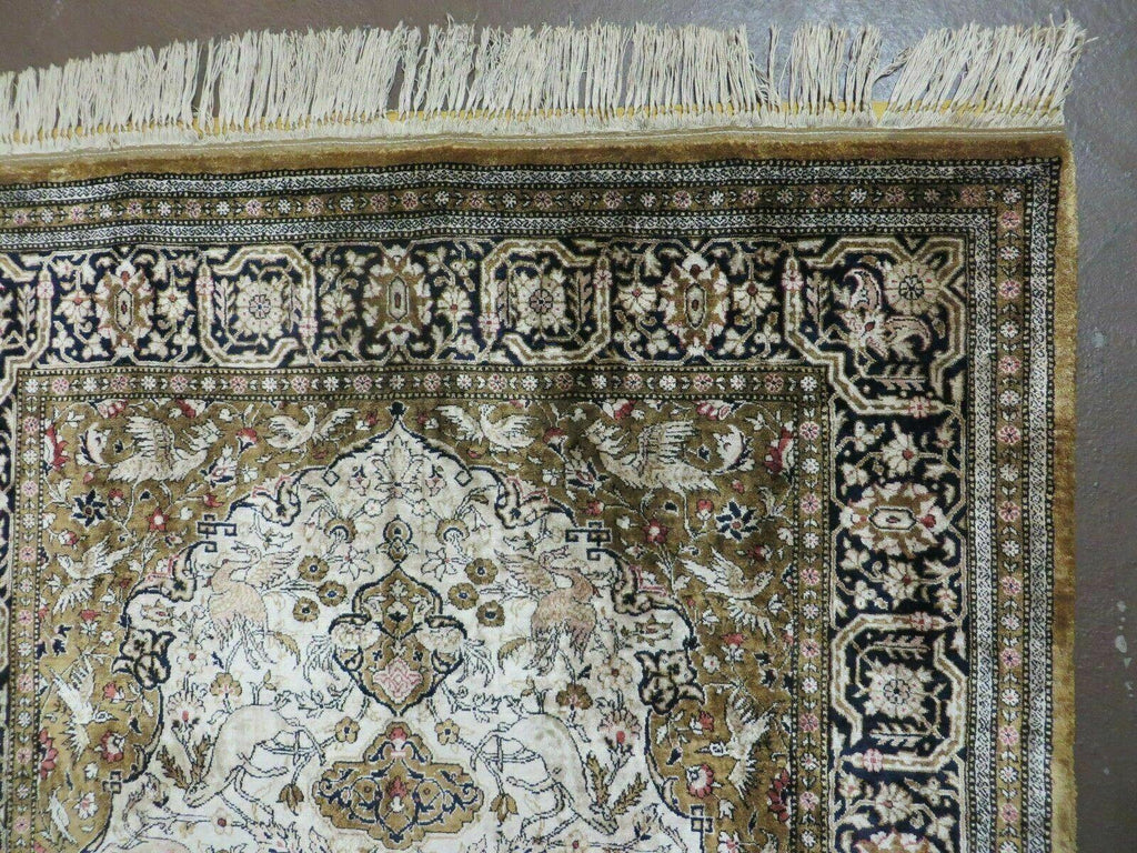 Handmade Silk Rug 3x5, Vintage Antique Silk Carpet, Hand-Knotted Oriental Rug 3 x 5, Animal Motifs, Deer Birds, One-Of-A-Kind