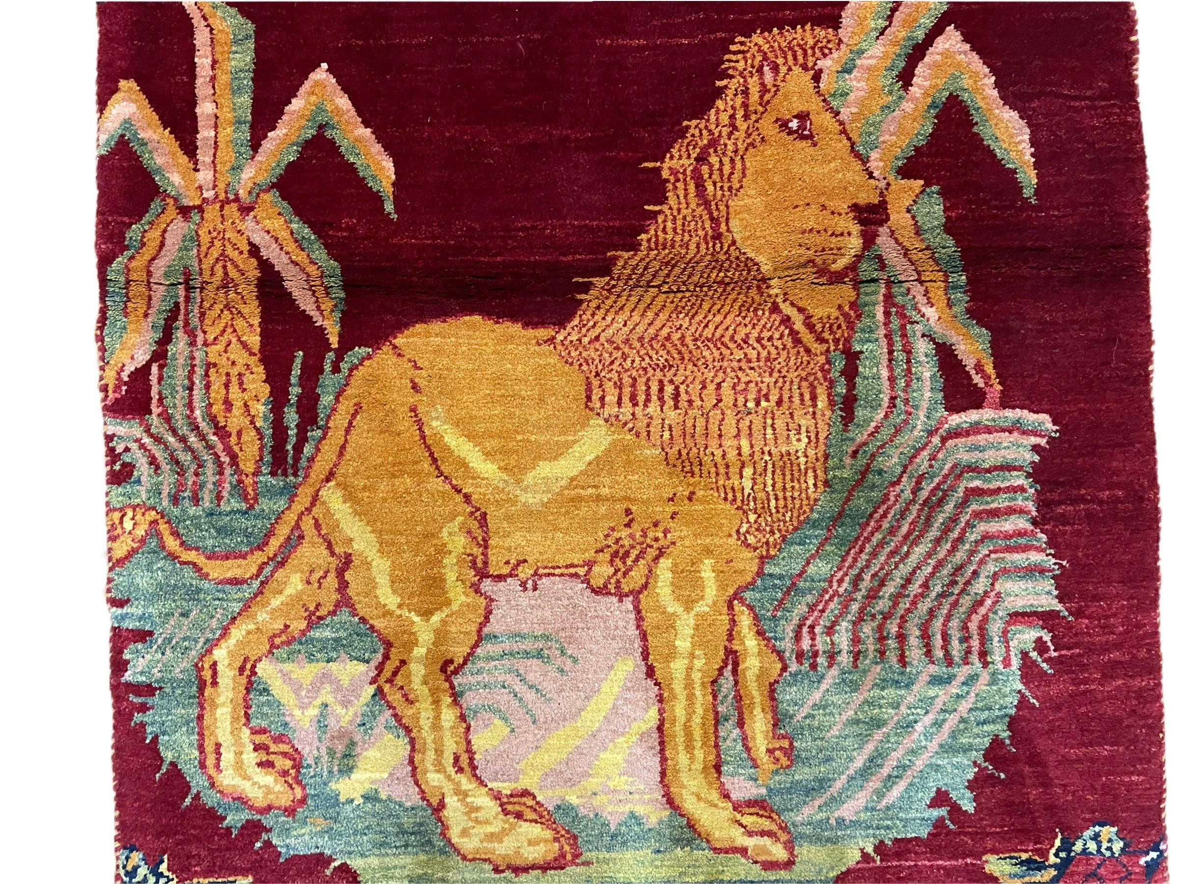 3 X 5 Handmade Rug New Vintage Rug Quality Wool Pictorial Lion Jungle Veg Dyes