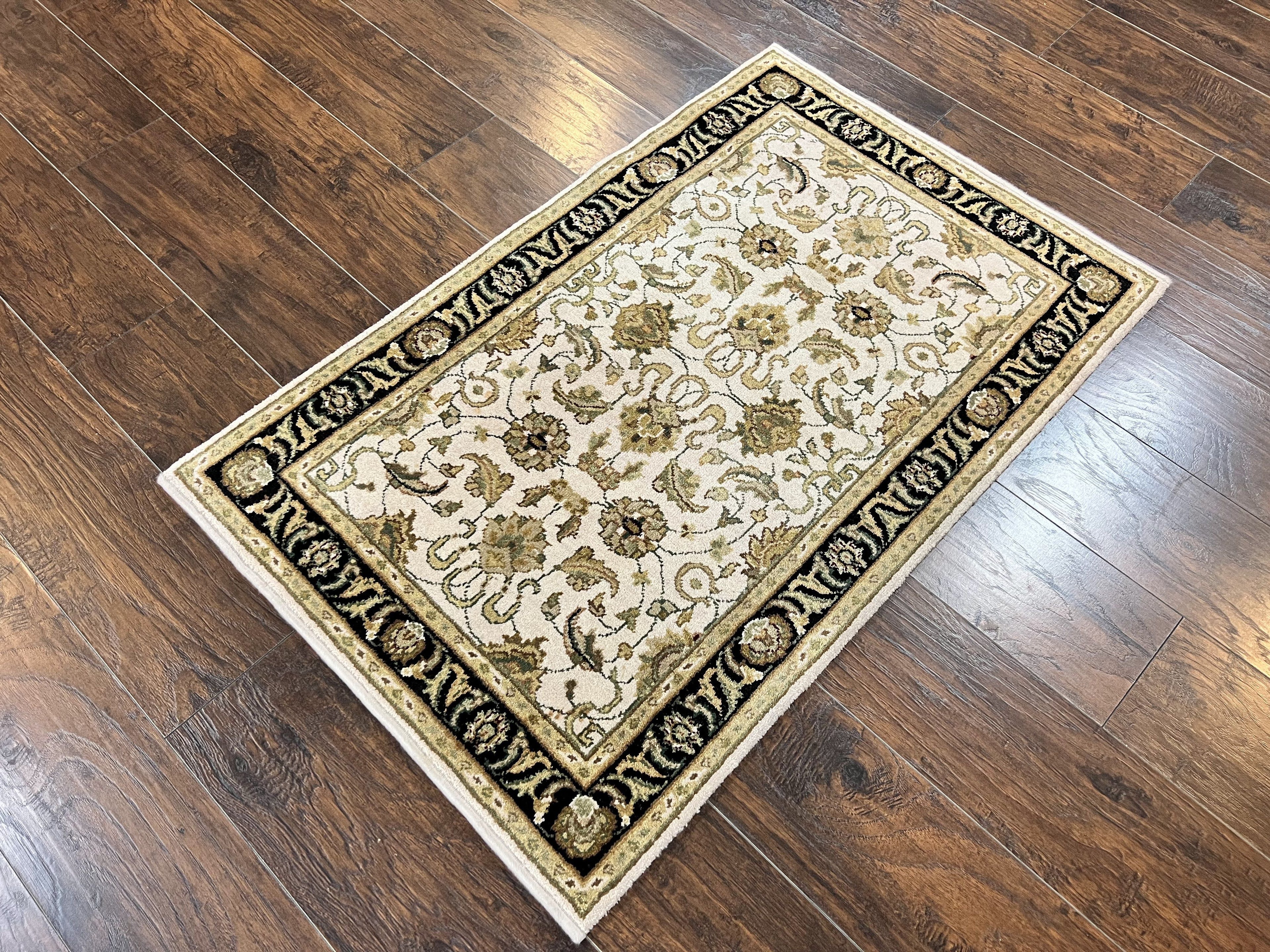 Small Indo Mahal Rug 2.5 x 4, Wool Indian Oriental Carpet, Hand Knotted Handmade Vintage Traditional Rug, Beige Tan Black