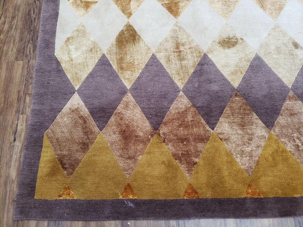 Modern Tibetan Rug 8.6 x 11, Wool and Silk, Multicolor, Diamond Panel Design