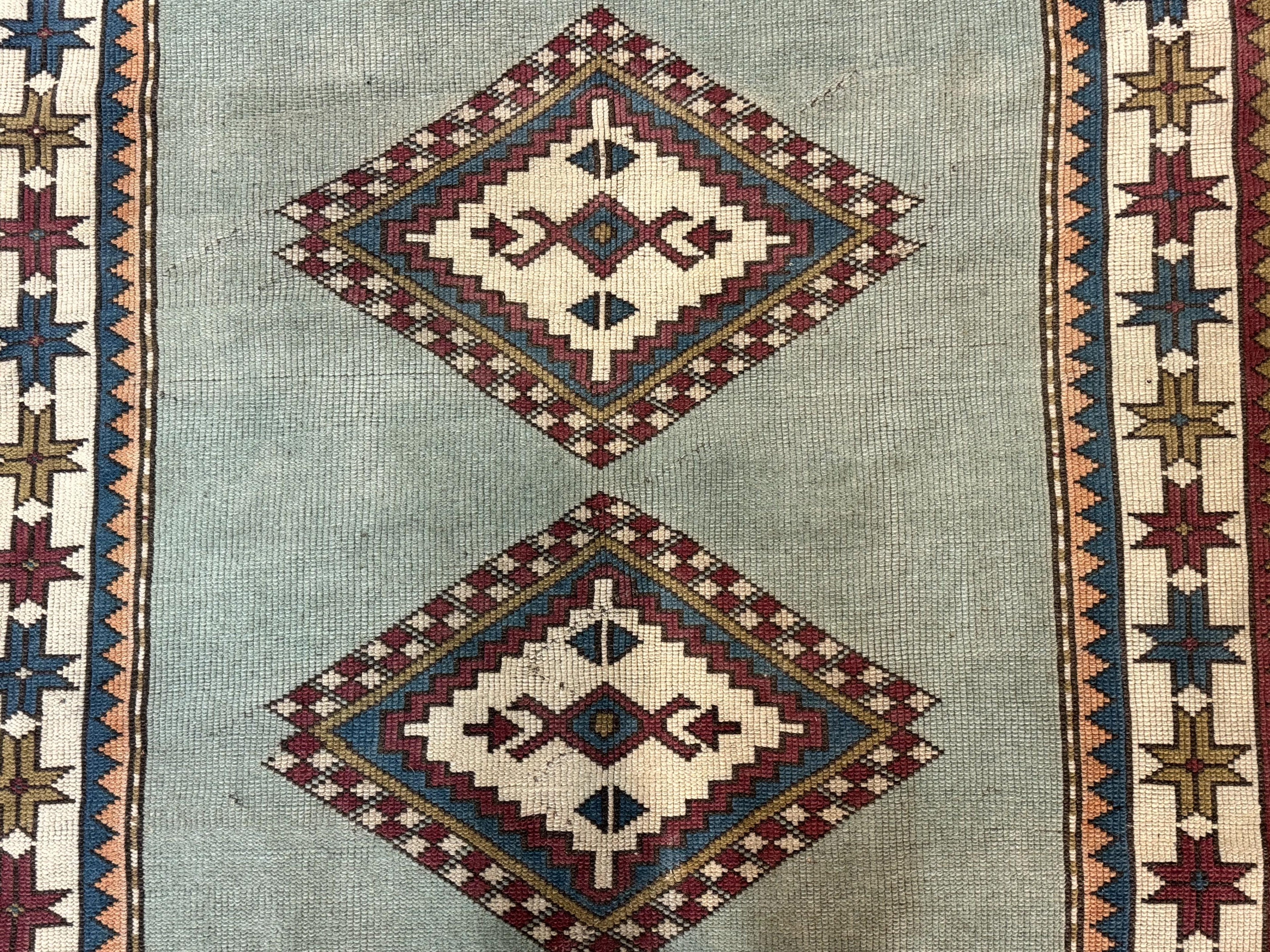 Turkish Kazak Rug 4x6, Geometric Medallion, Caucasian Design Rug, Semi Antique Vintage, Mint Green Maroon Ivory
