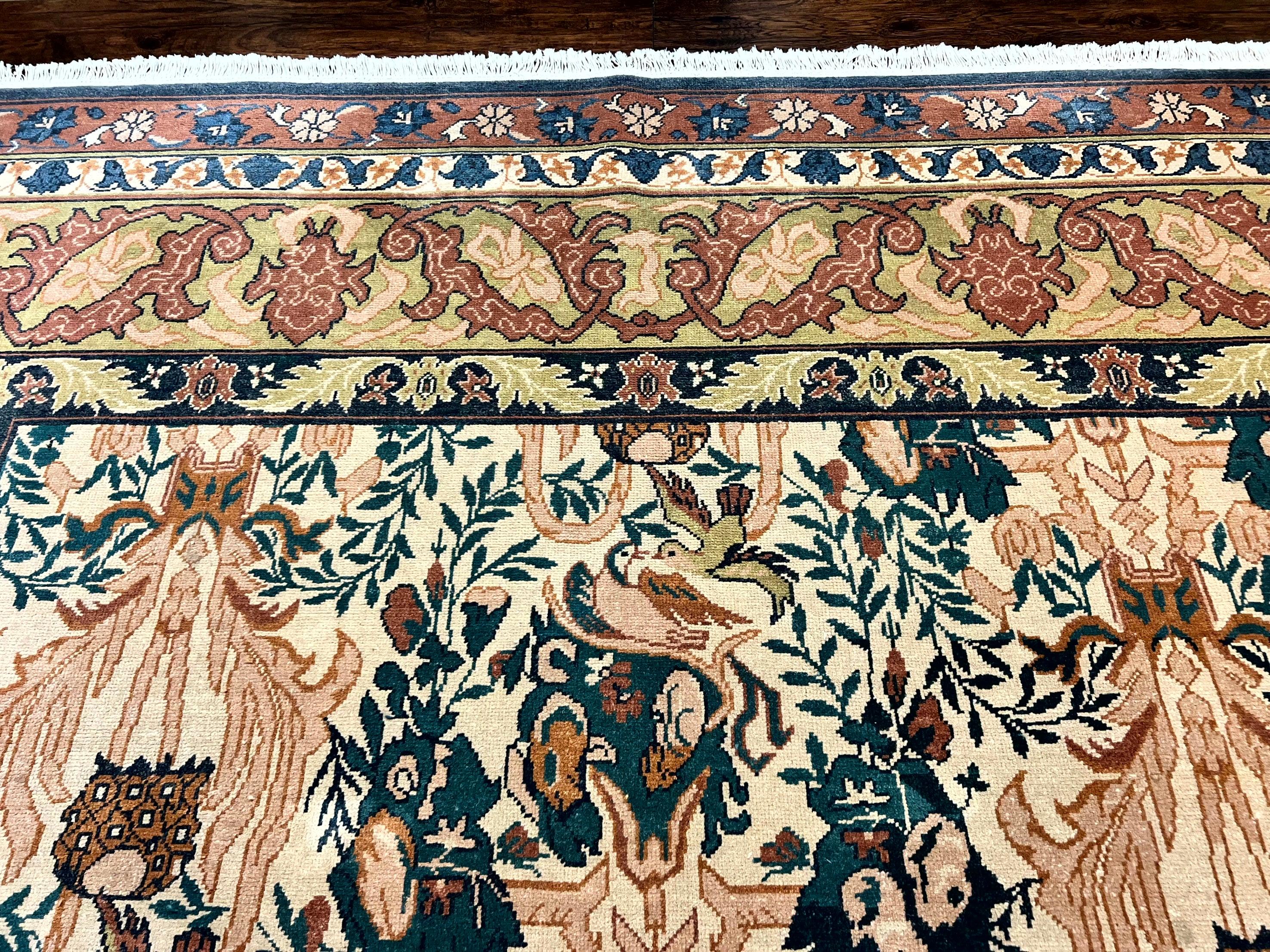 10x13 Wool Rug, Floral Pattern, Birds, Handmade Vintage Carpet, Couristan Rug, Beige