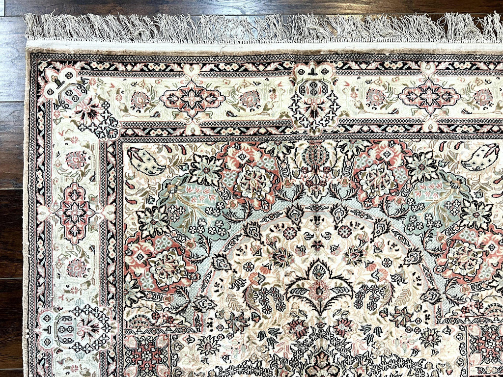 Silk Indian Kashmiri Rug 4x6, Handmade, Ivory, Fine 240 KPSI