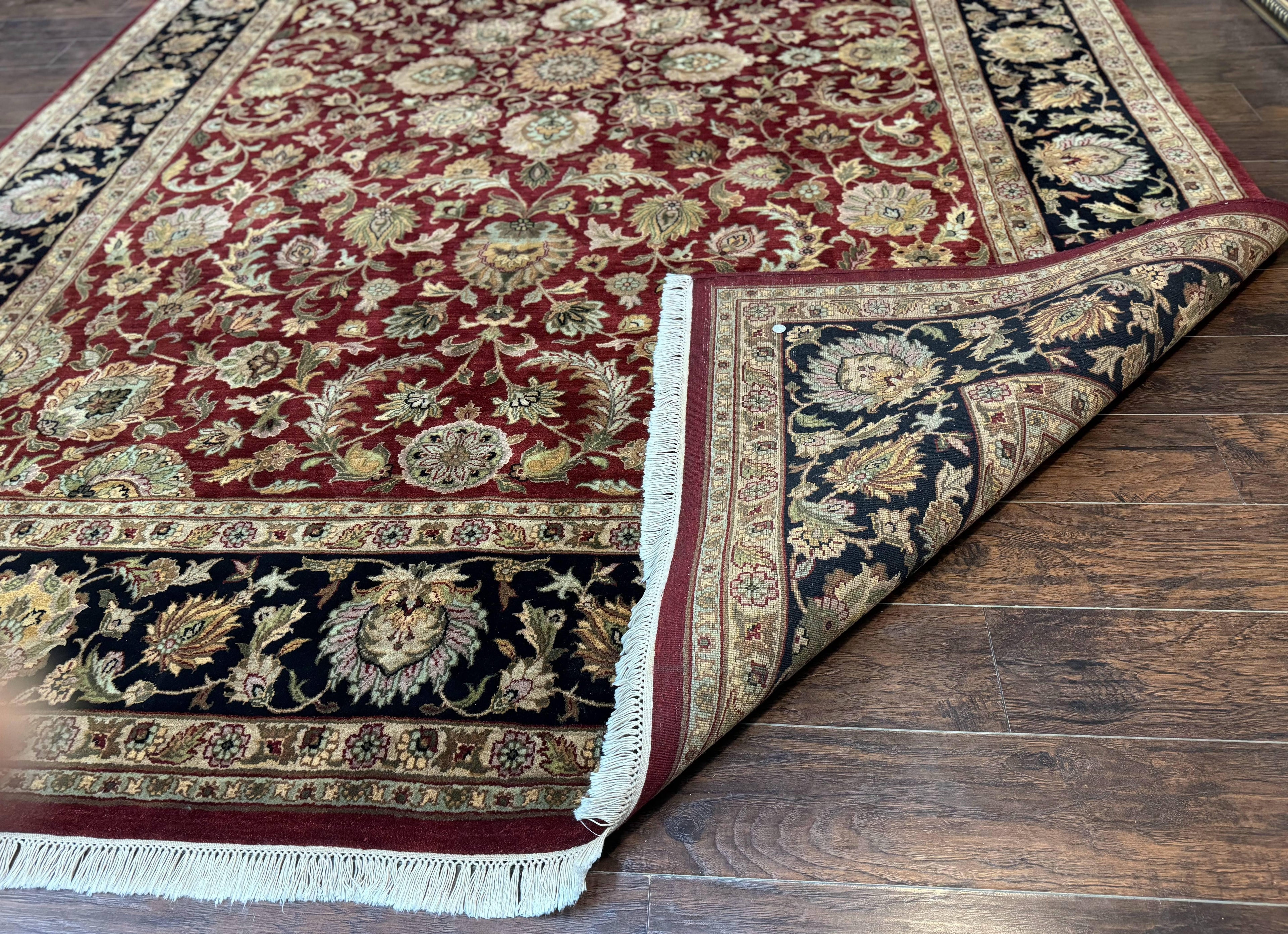 Indian Agra Rug 10x14, Traditional Oriental Carpet, Room Sized Wool Area Rug, Floral, Maroon