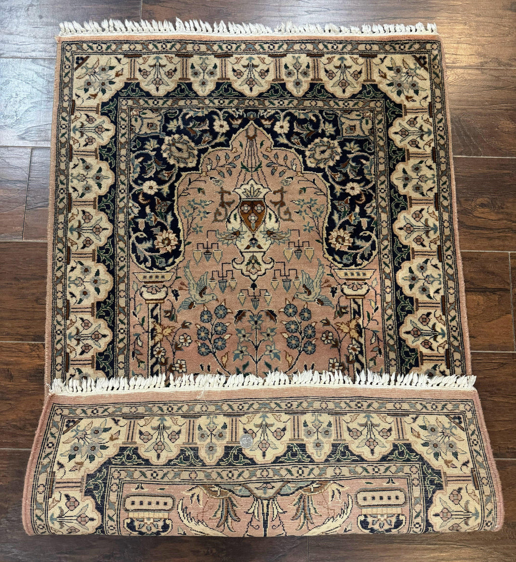 Small Tree of Life Prayer Rug, Pak Persian Rug 2.7 x 4, , Birds, Lantern, Handmade Vintage Fine 260 KPSI