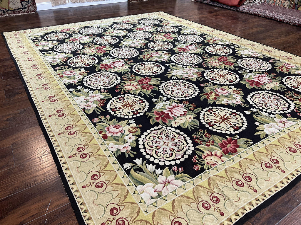 9x12 Black Needlepoint Rug, European Floral Panel Design, Handwoven, Vintage Chinese Needlepoint, Black Green Beige, Wool Rug 9 x 12