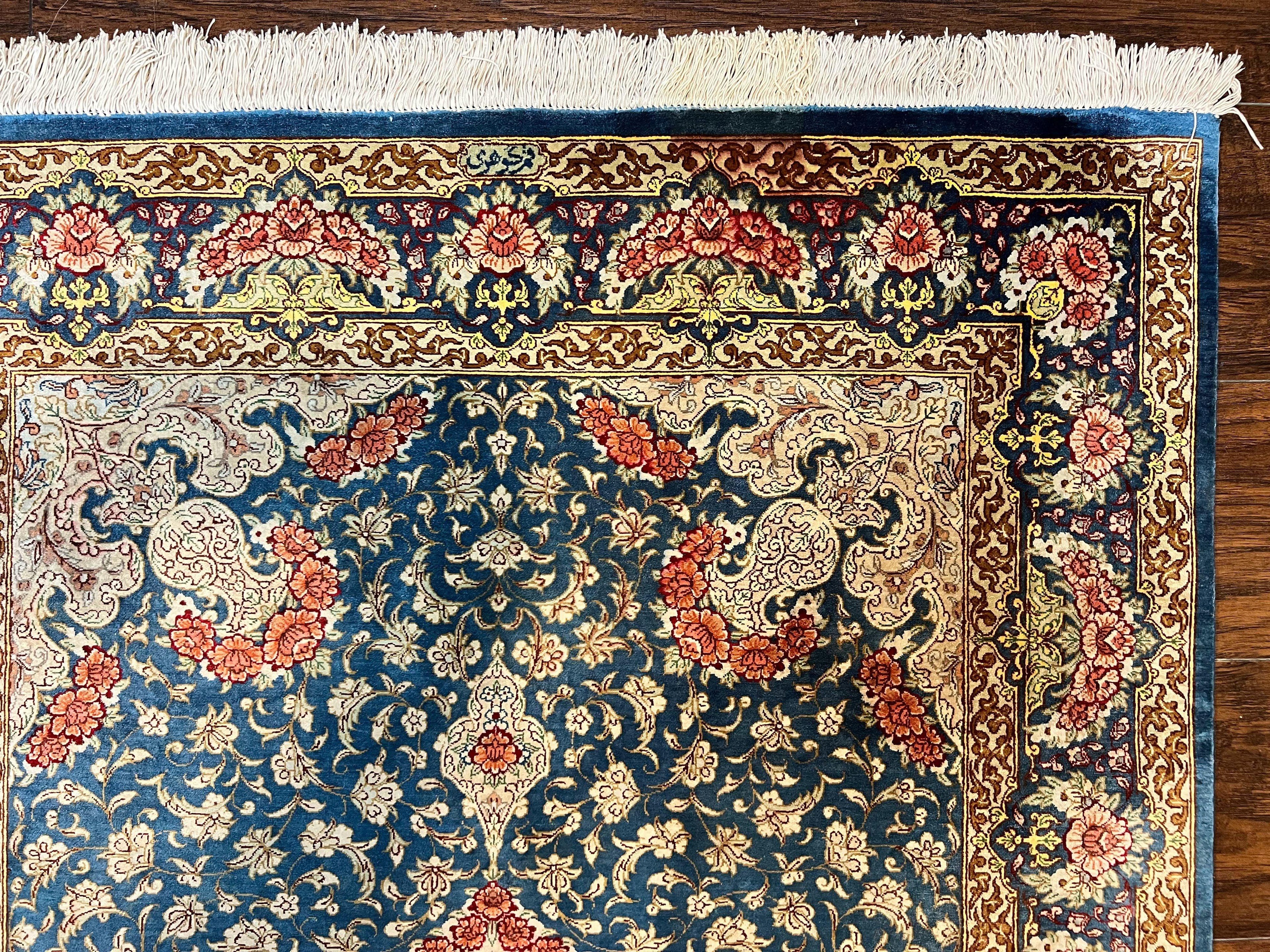 Magnificent Persian Qum Silk Rug 3x5, Blue, Super Fine 675 KPSI - 70 Raj, Floral Roses, Handmade Vintage Silk Carpet, Masterpiece